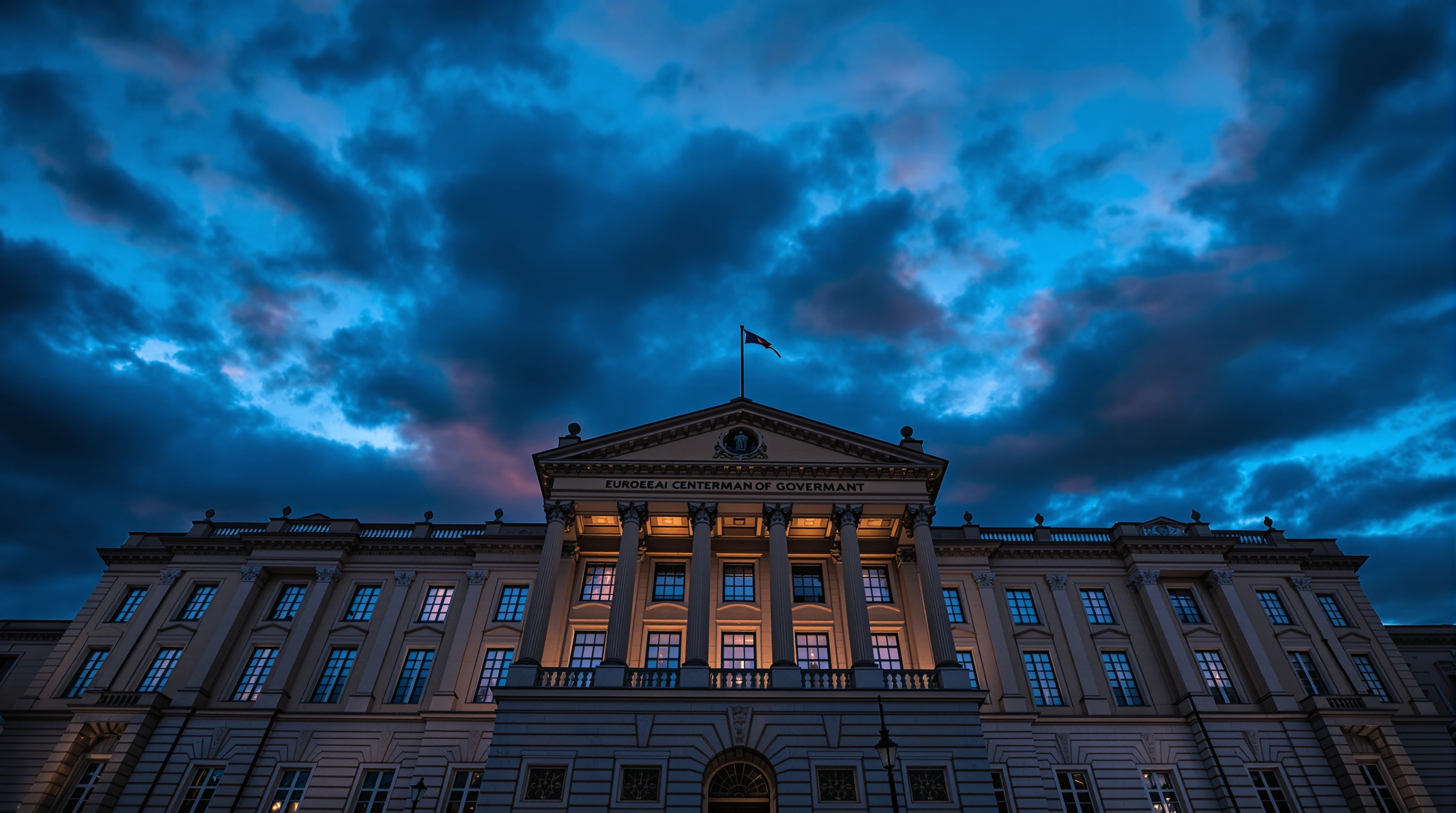 Government building facade at dusk, dramatic low angle, shot on Sony A7IV with 24mm f/2.8, deep shadows and cool blue tones