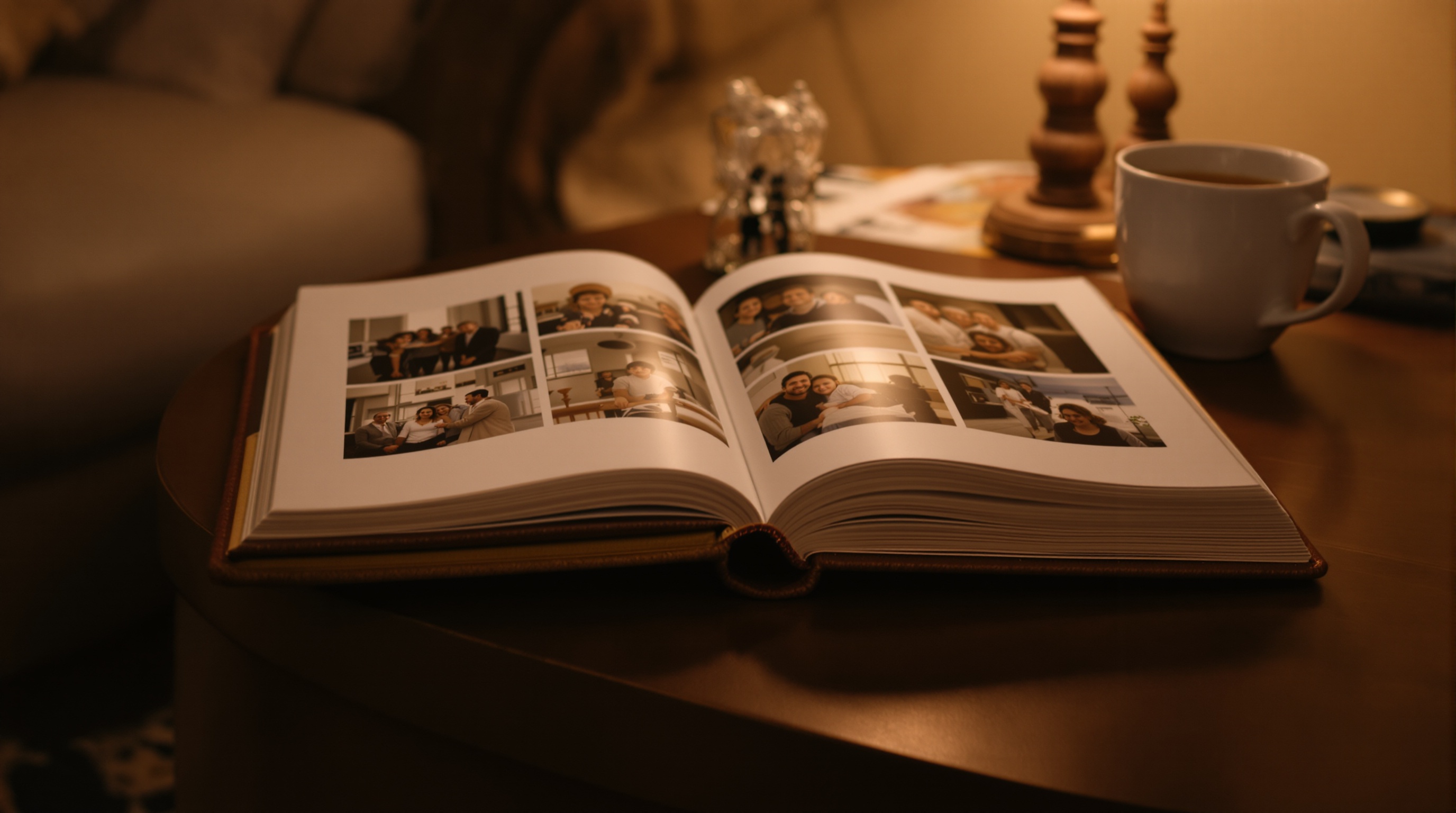 A family photo album open on a coffee table next to a cup of tea, warm indoor lighting, shallow depth of field on the album pages