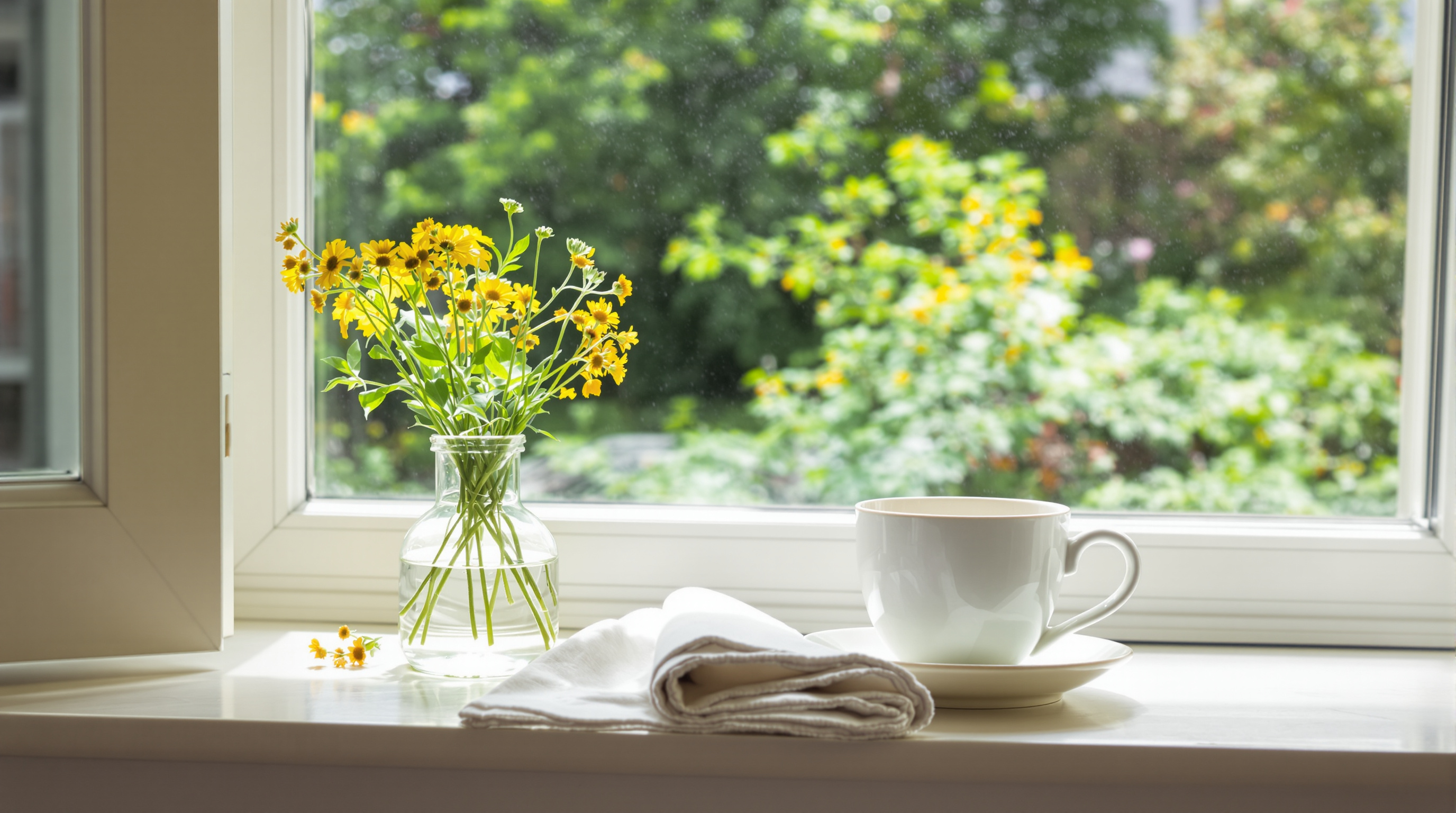 A glass vase of yellow wildflowers, a folded napkin and a teacup on a sunlit windowsill above a green garden
