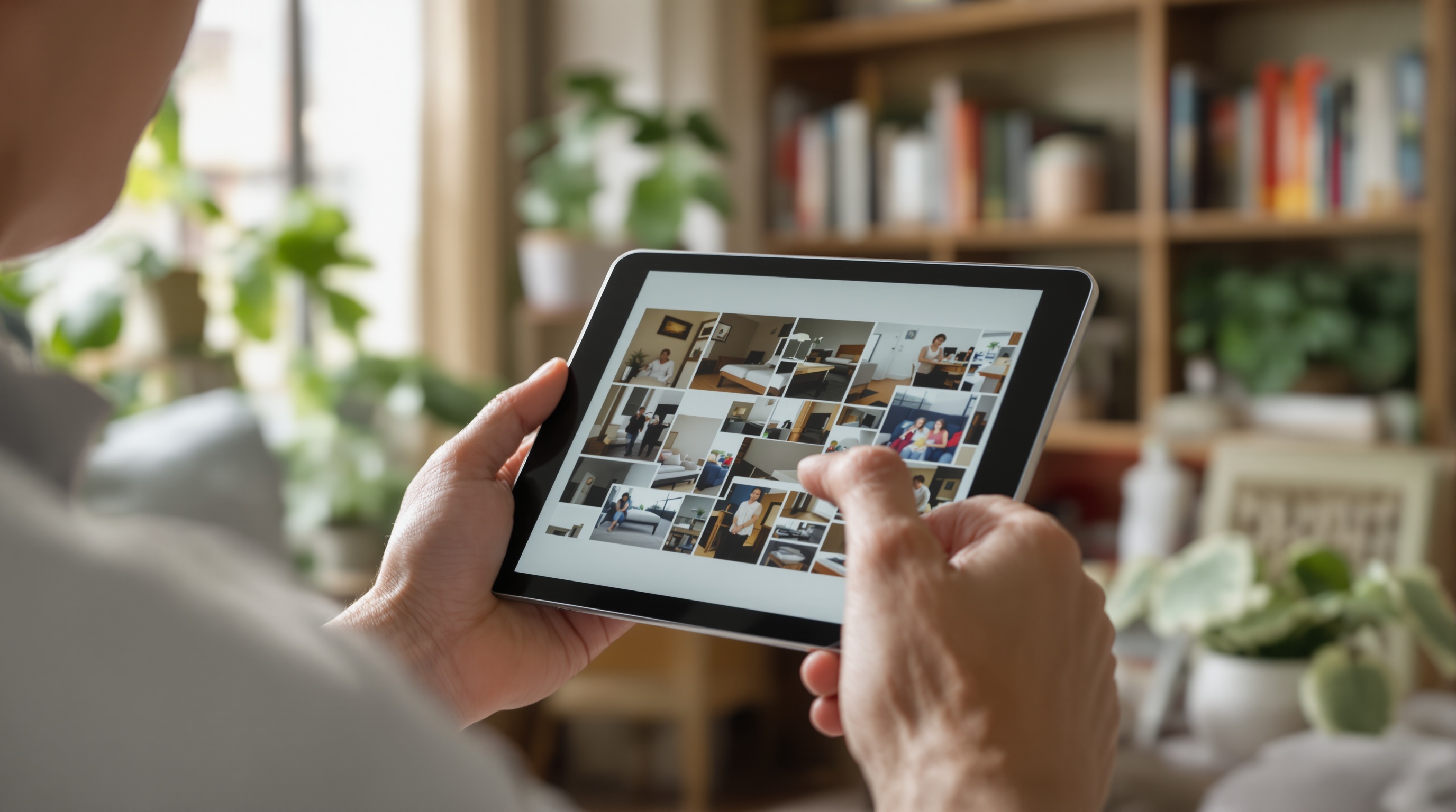 Hands scrolling through a photo gallery on a tablet, cozy living room background with bookshelves out of focus, natural window light