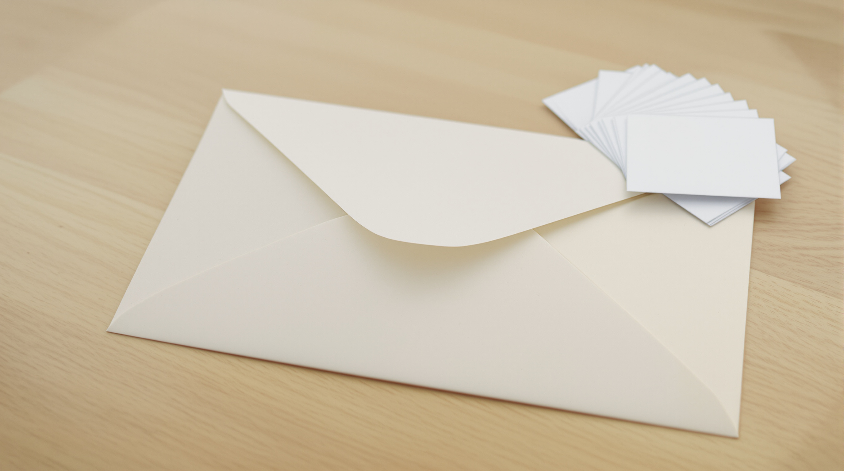 A plain cream envelope lying closed on a wooden table beside a loose stack of printed photographs, afternoon light coming from a window to the left