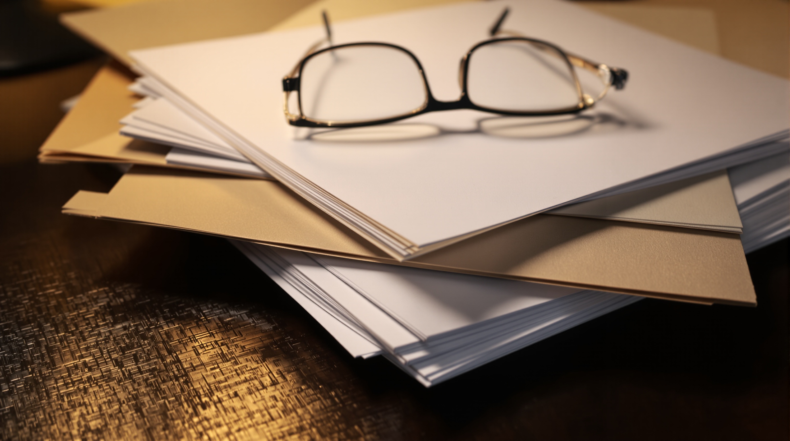 Stack of legal documents and folders on a dark wooden table with a pair of reading glasses resting on top, soft directional light from a desk lamp, shot on Canon EOS R5 with 35mm f/1.4, shallow depth of field