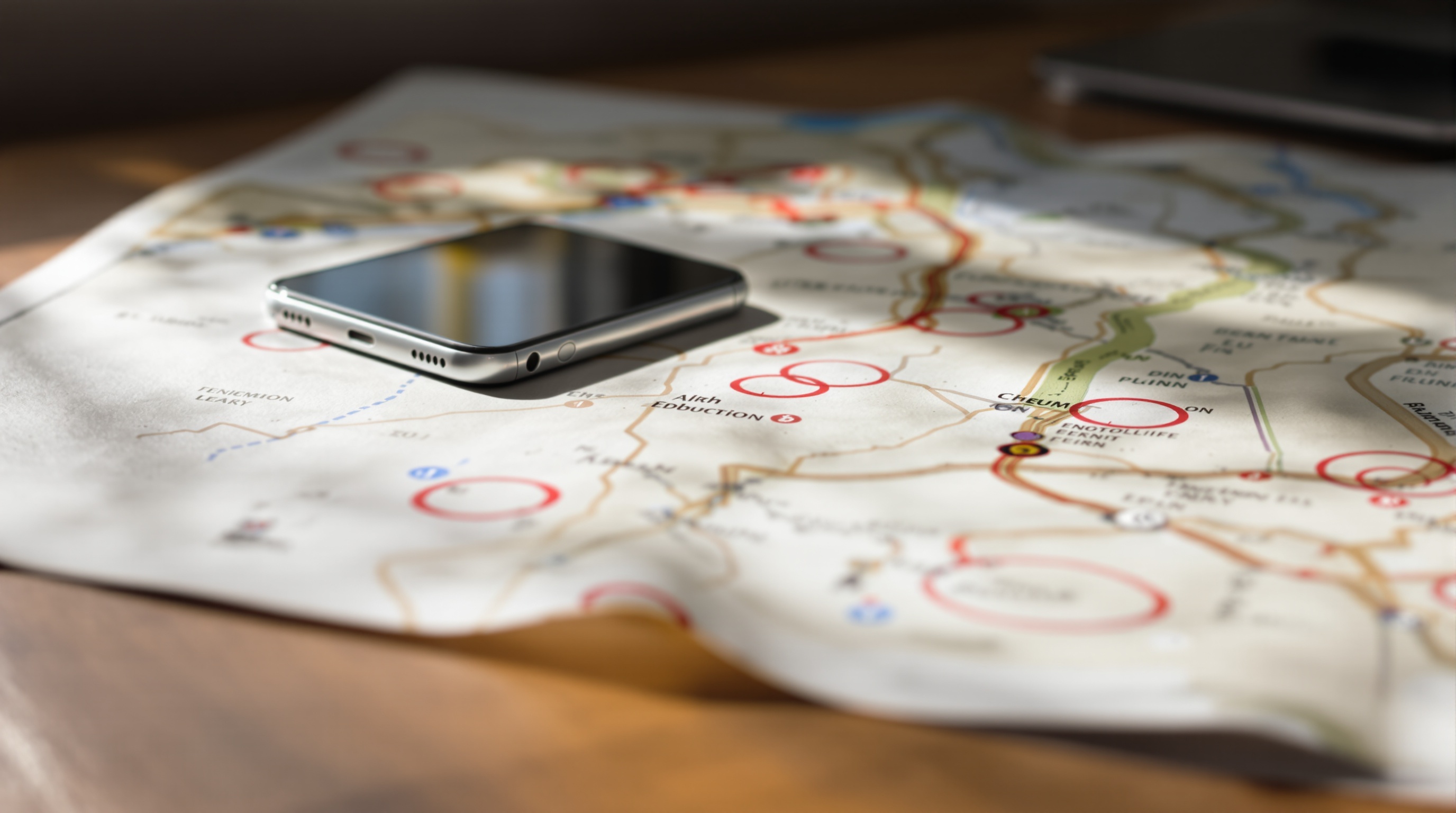 Close-up of a smartphone lying face-down on a wooden desk next to a paper map with red circles drawn on it, natural window light casting soft shadows, shot on Nikon Z6 with 50mm f/1.8