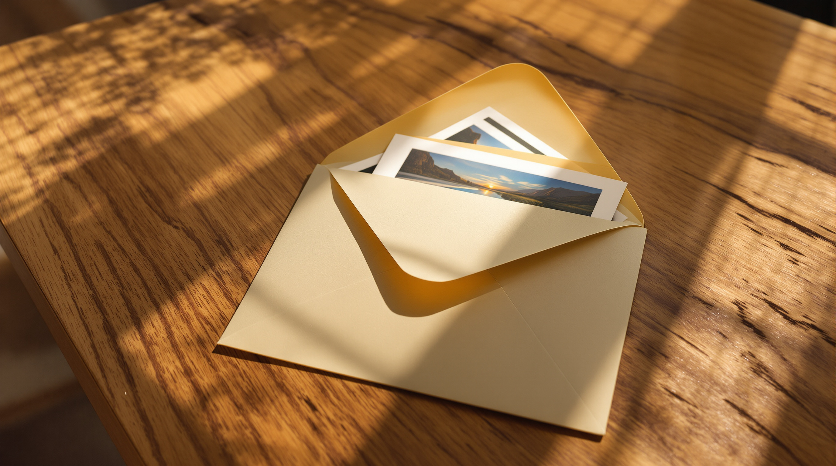 A kraft envelope on a walnut table with photographic prints half slid out of it in warm afternoon light