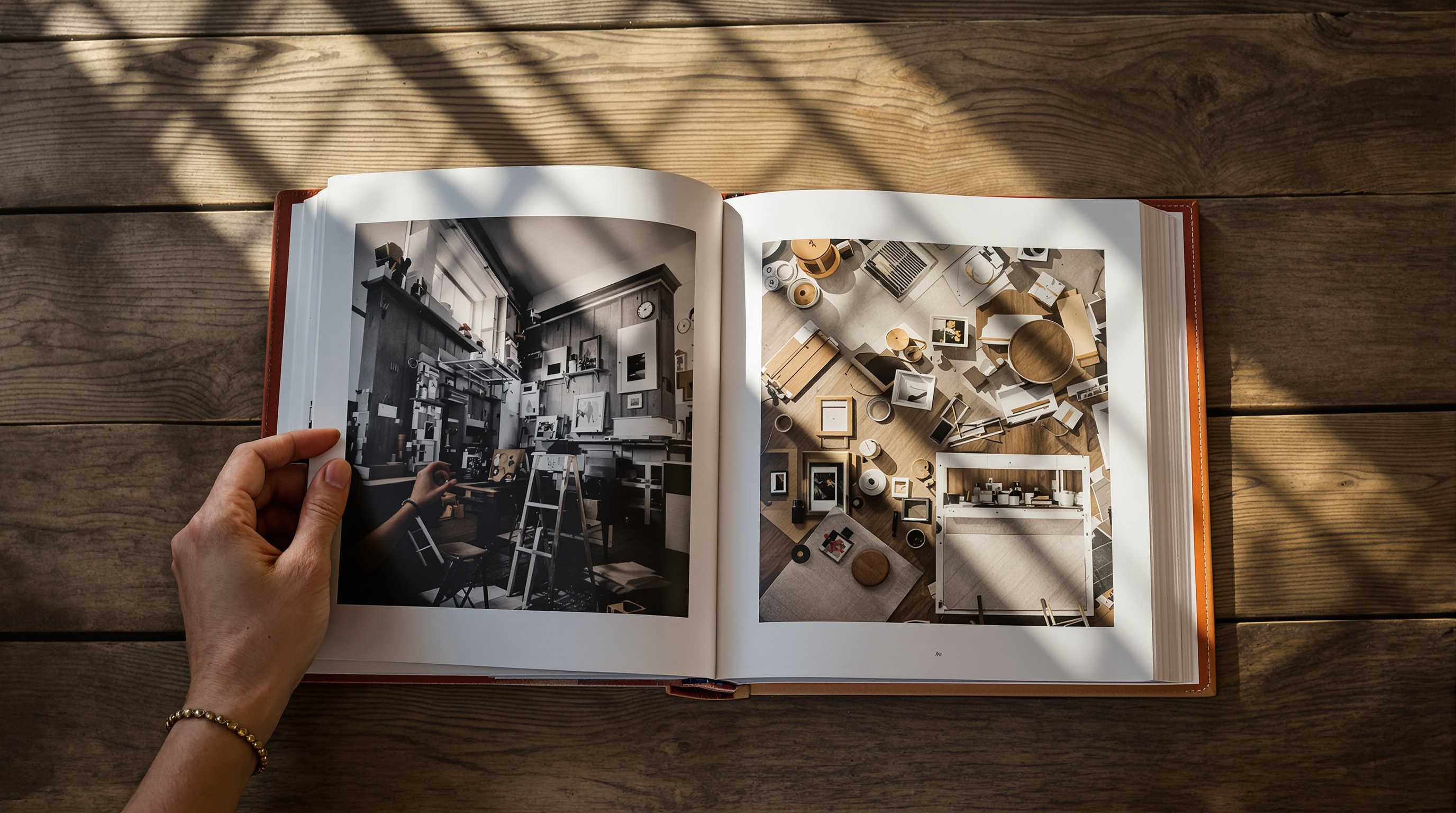 Hands holding a printed photograph album open on a wooden table, natural window light
