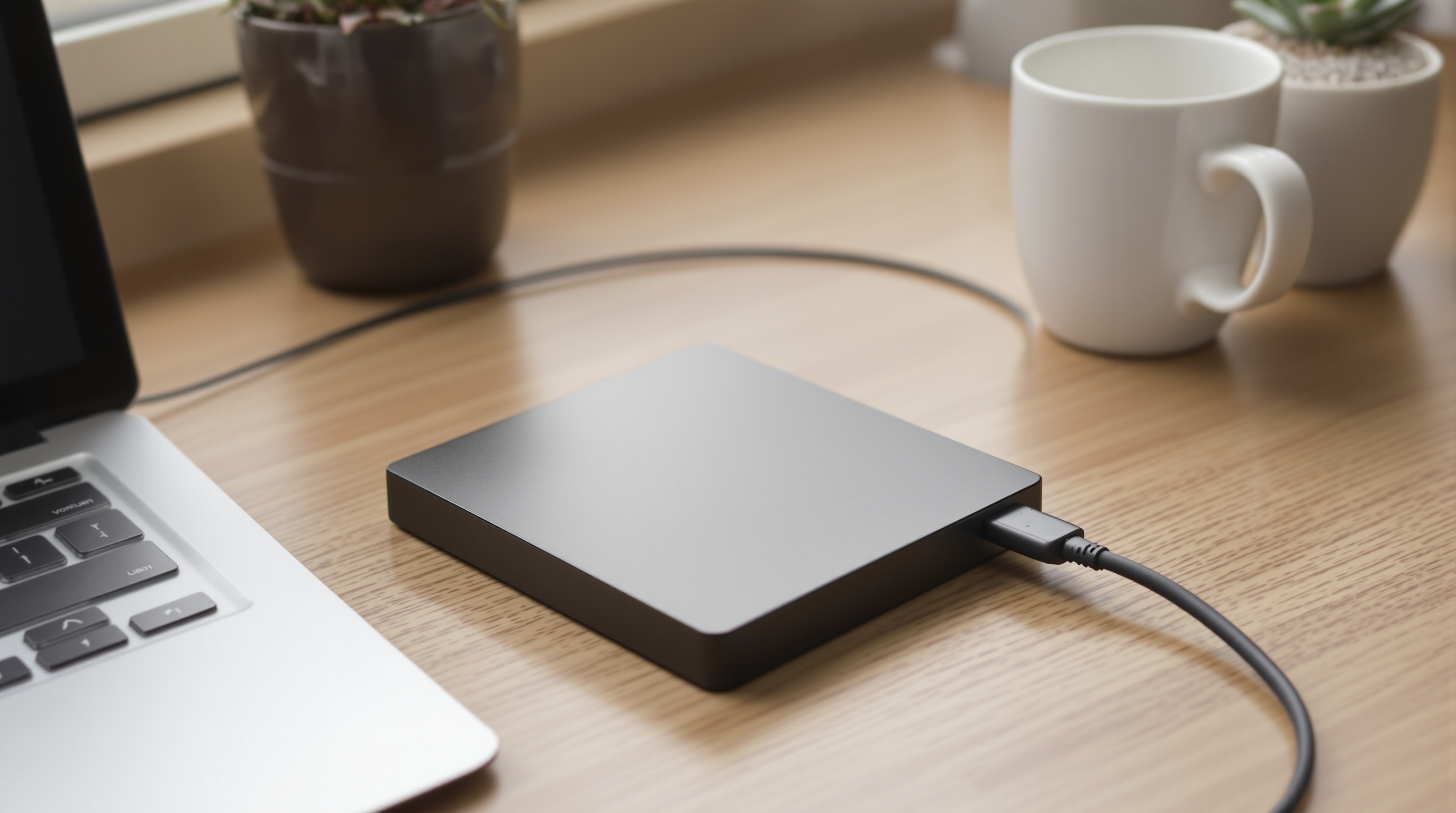 External hard drive sitting on a wooden desk next to a potted plant and coffee cup in warm morning light