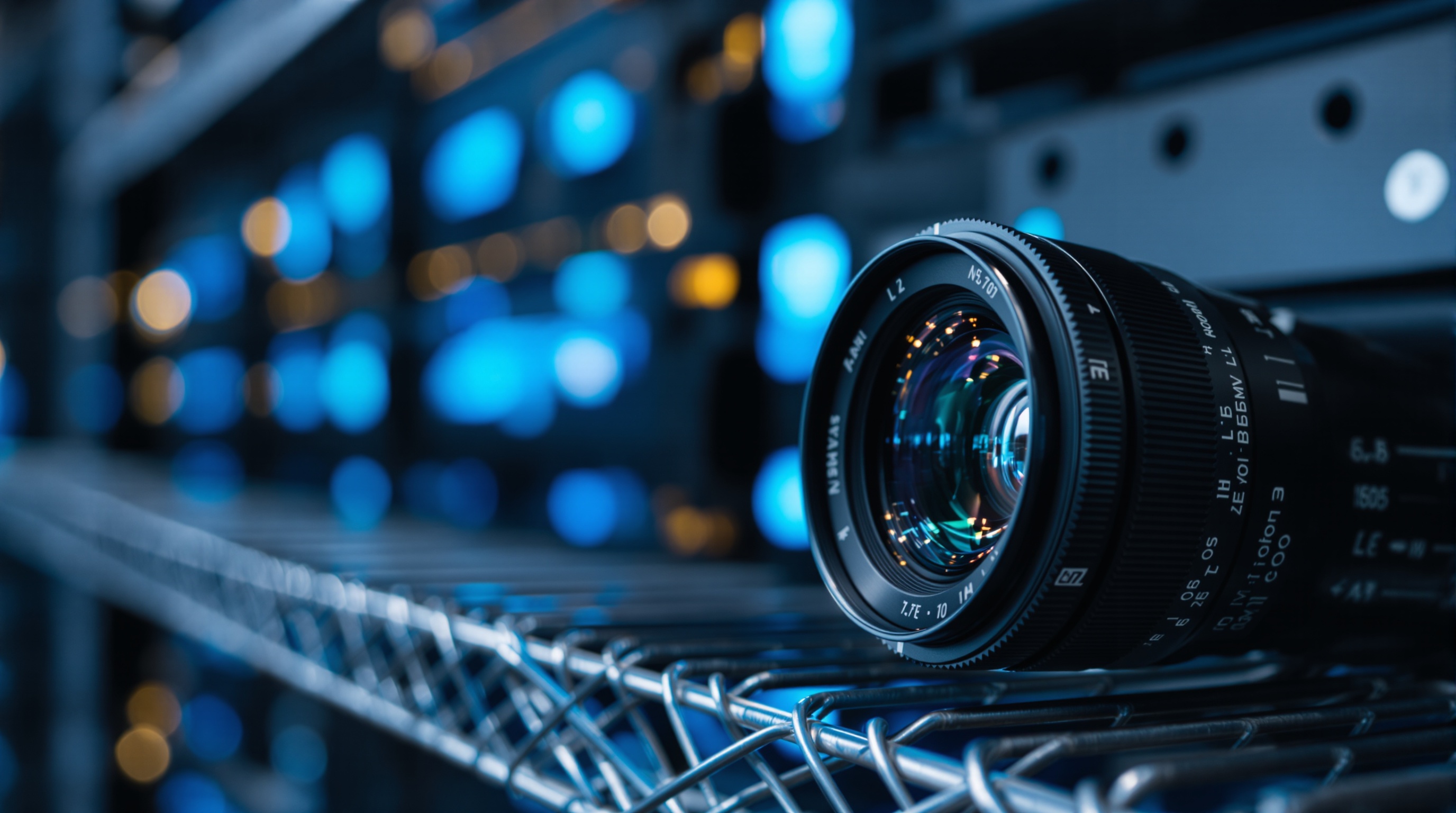 Close-up of a camera lens on a shelf with blurred server rack lights in the background