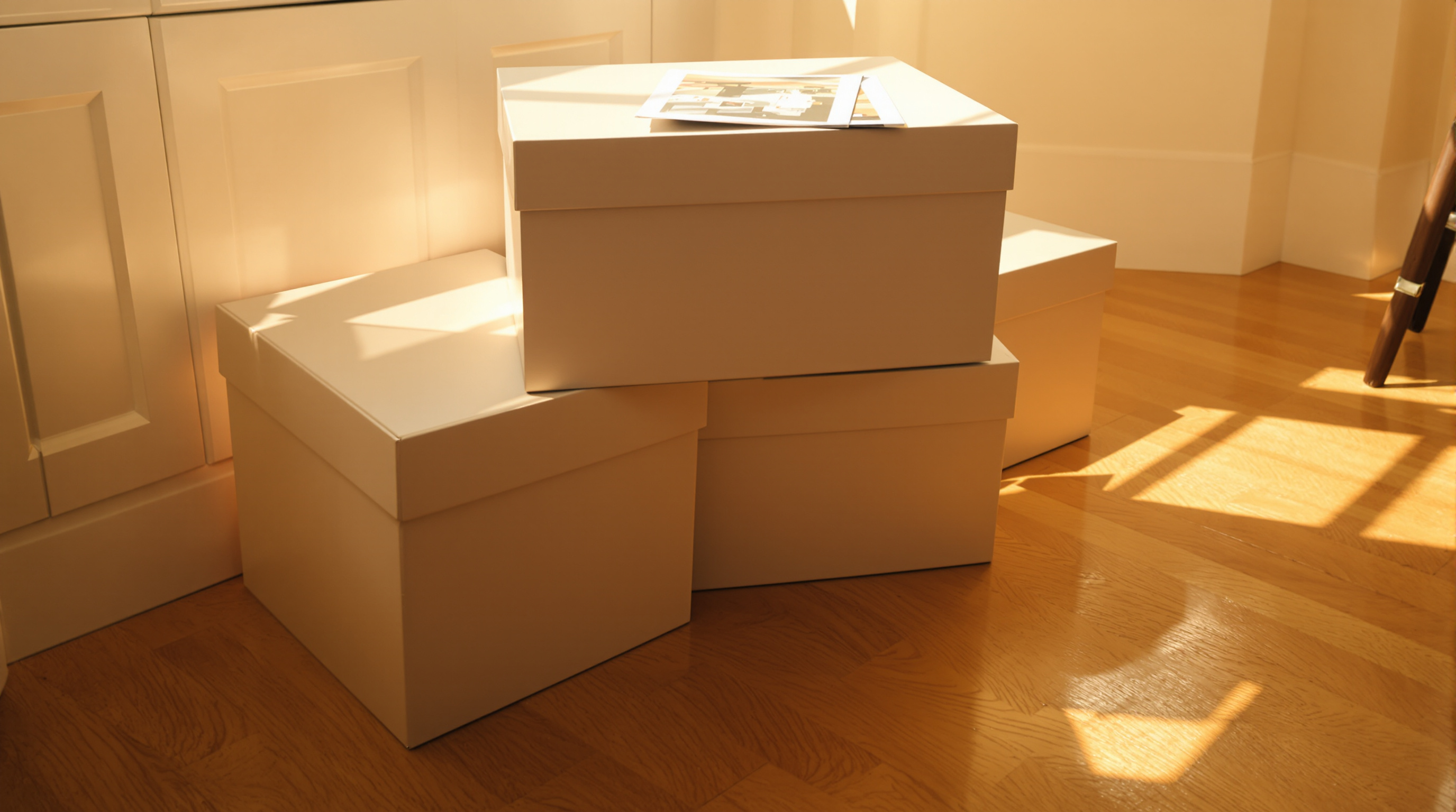 Three archival photo storage boxes stacked on a warm oak floor with loose prints resting on the top box