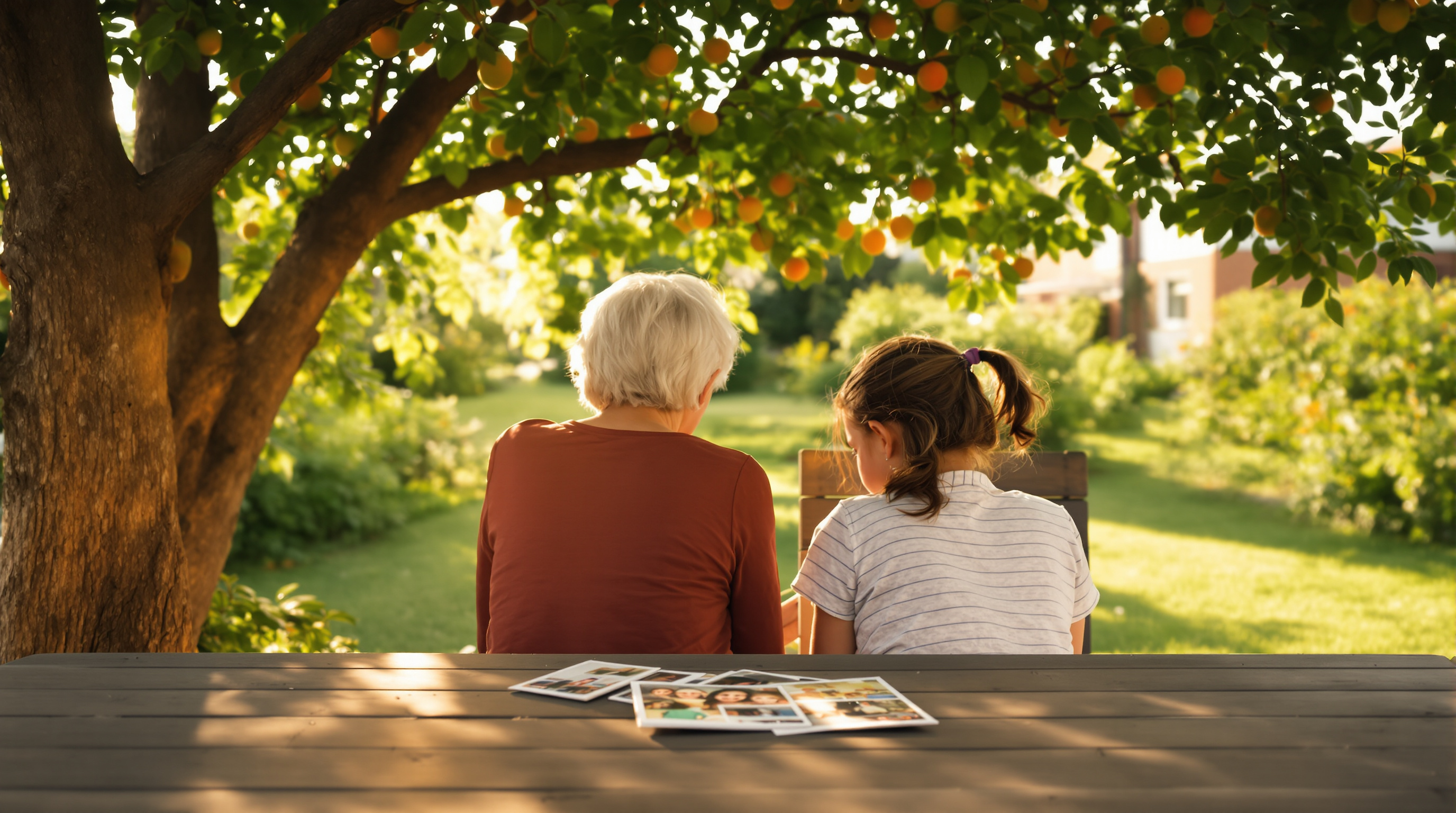 A grandmother and a girl seen from behind under a fruit tree, with a few printed family photos on the garden table