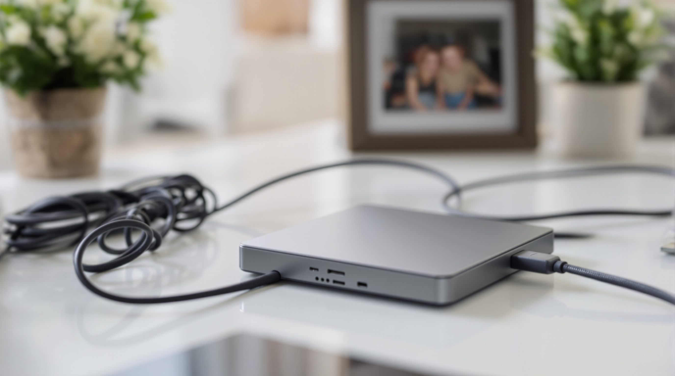 External hard drive and USB cable on a clean white desk beside a small framed family photograph