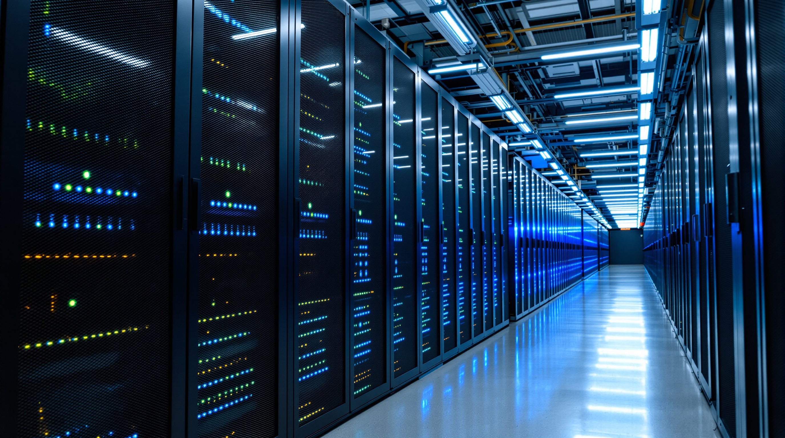 Server room corridor with rows of rack-mounted equipment and blue LED status lights