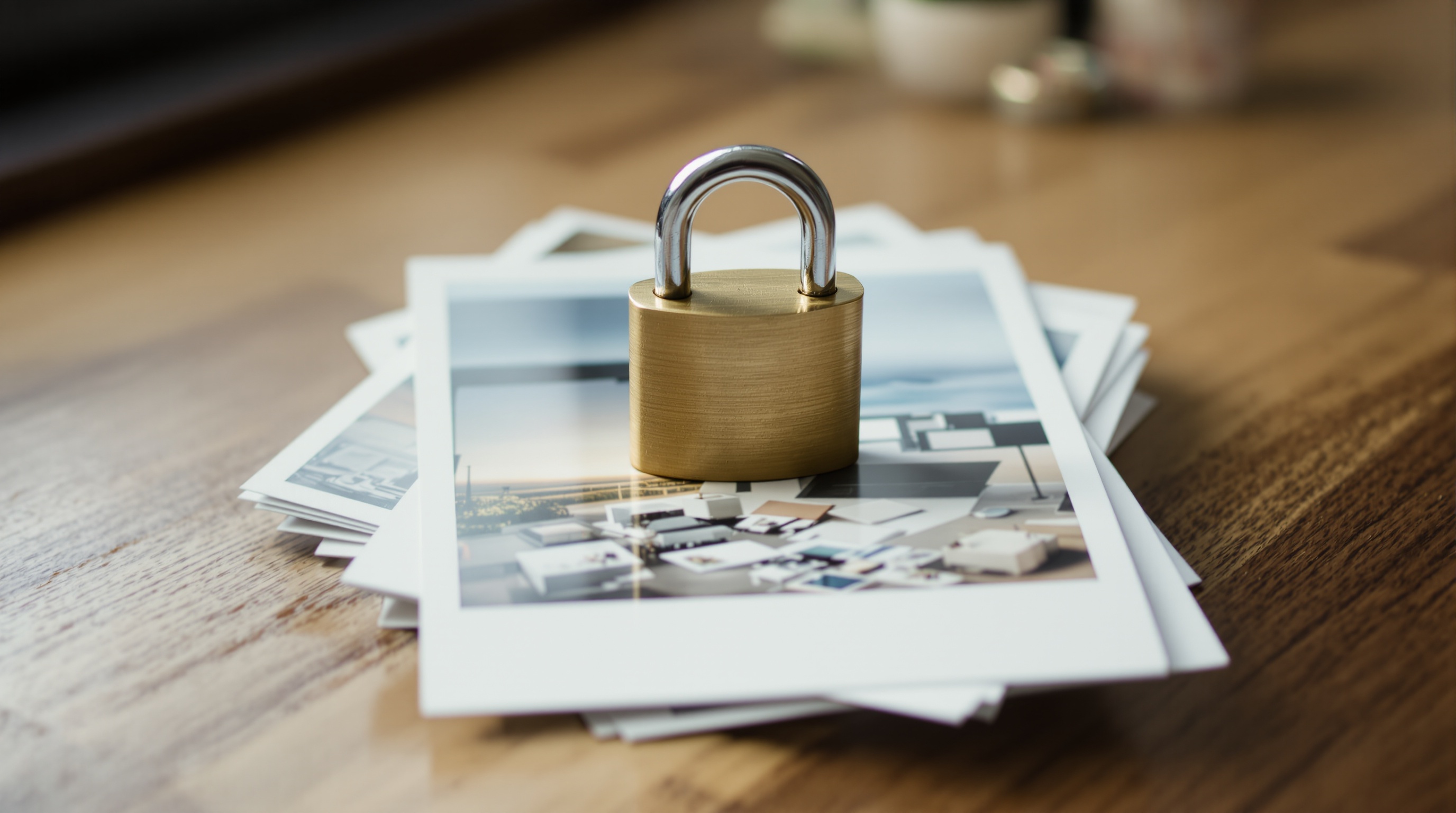 Padlock resting on a stack of printed photographs with soft window light