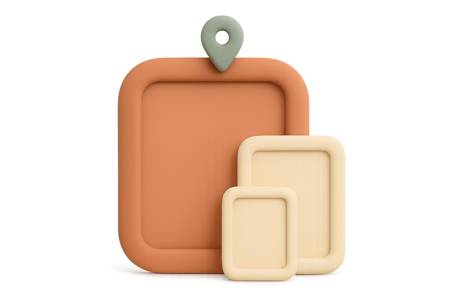 A large terracotta picture frame with two smaller cream frames leaning against it and a sage map pin on top