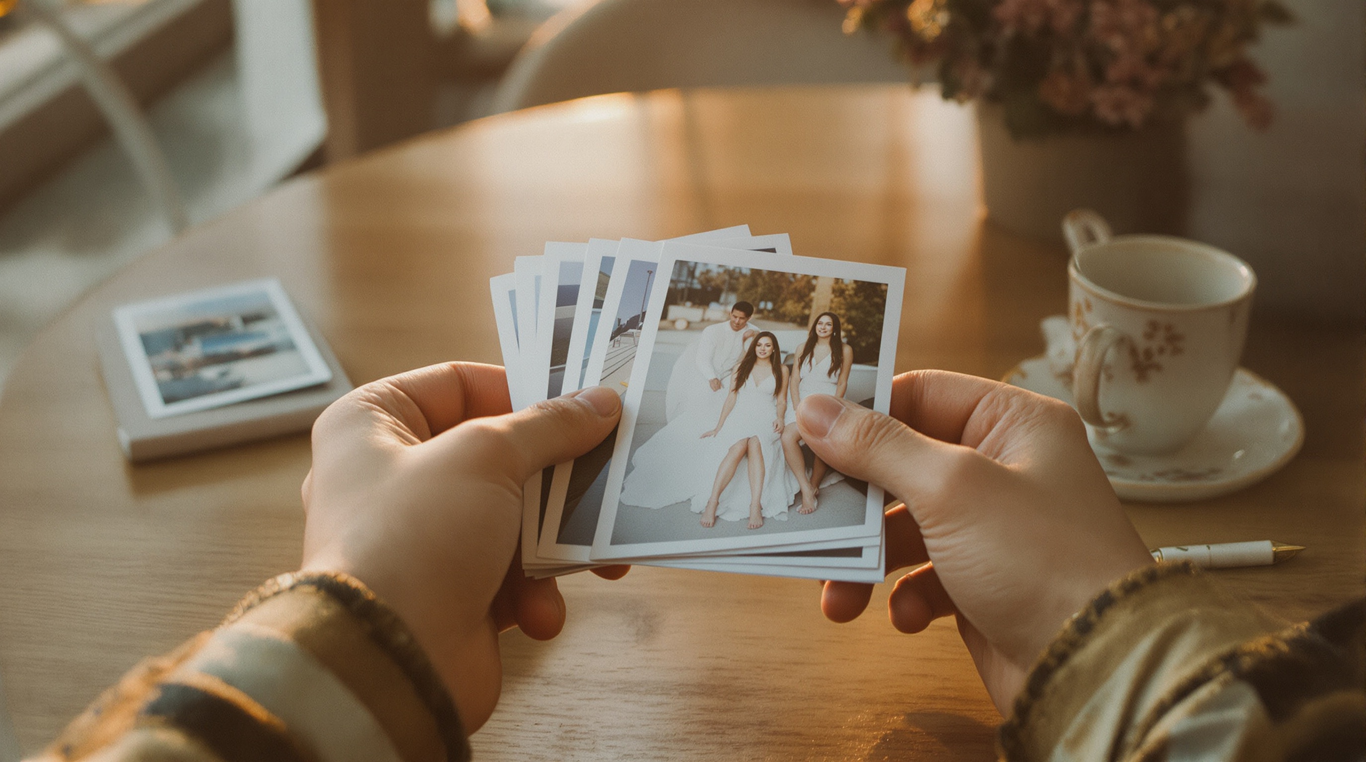 Printed family photographs spread on a table next to a phone showing a photo album app