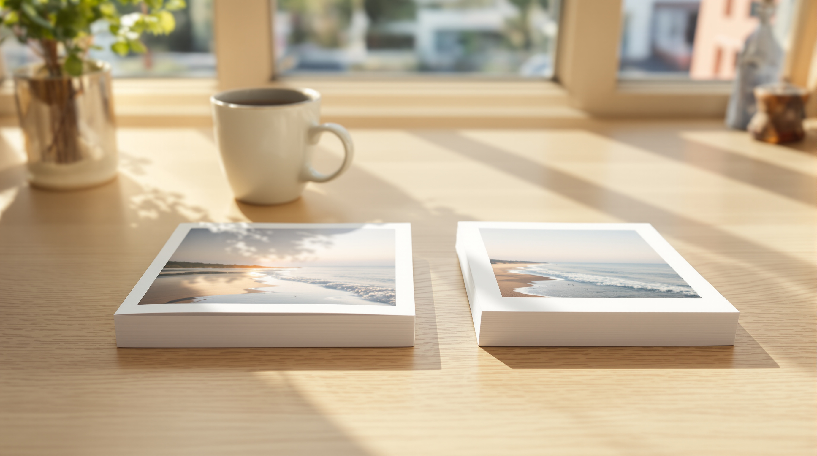 Two stacks of the same seaside print on a sunlit oak desk beside a cup of coffee