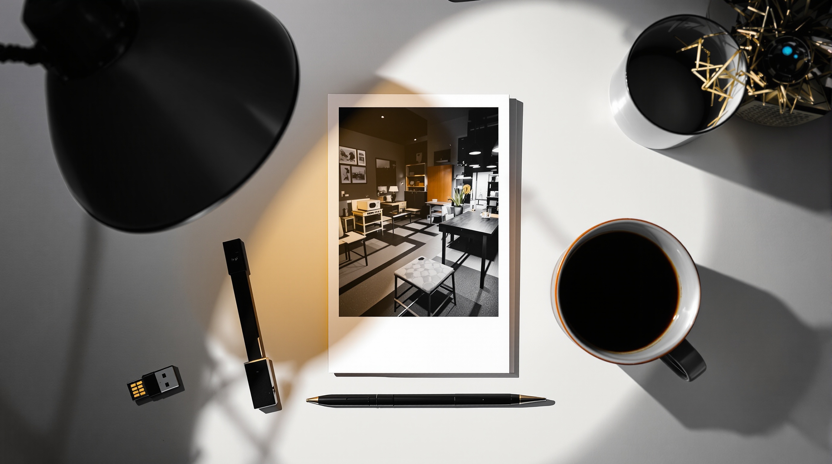 Laptop screen showing a photo library grid with folders and albums in soft desk lighting