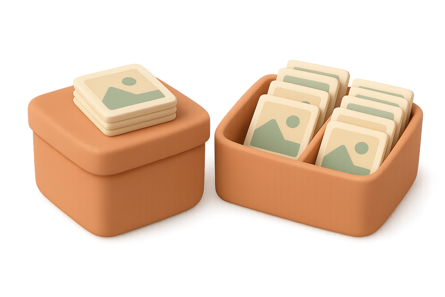 Illustration of two rounded storage boxes side by side, one closed with a stack of prints on the lid, one open with the prints sorted into groups