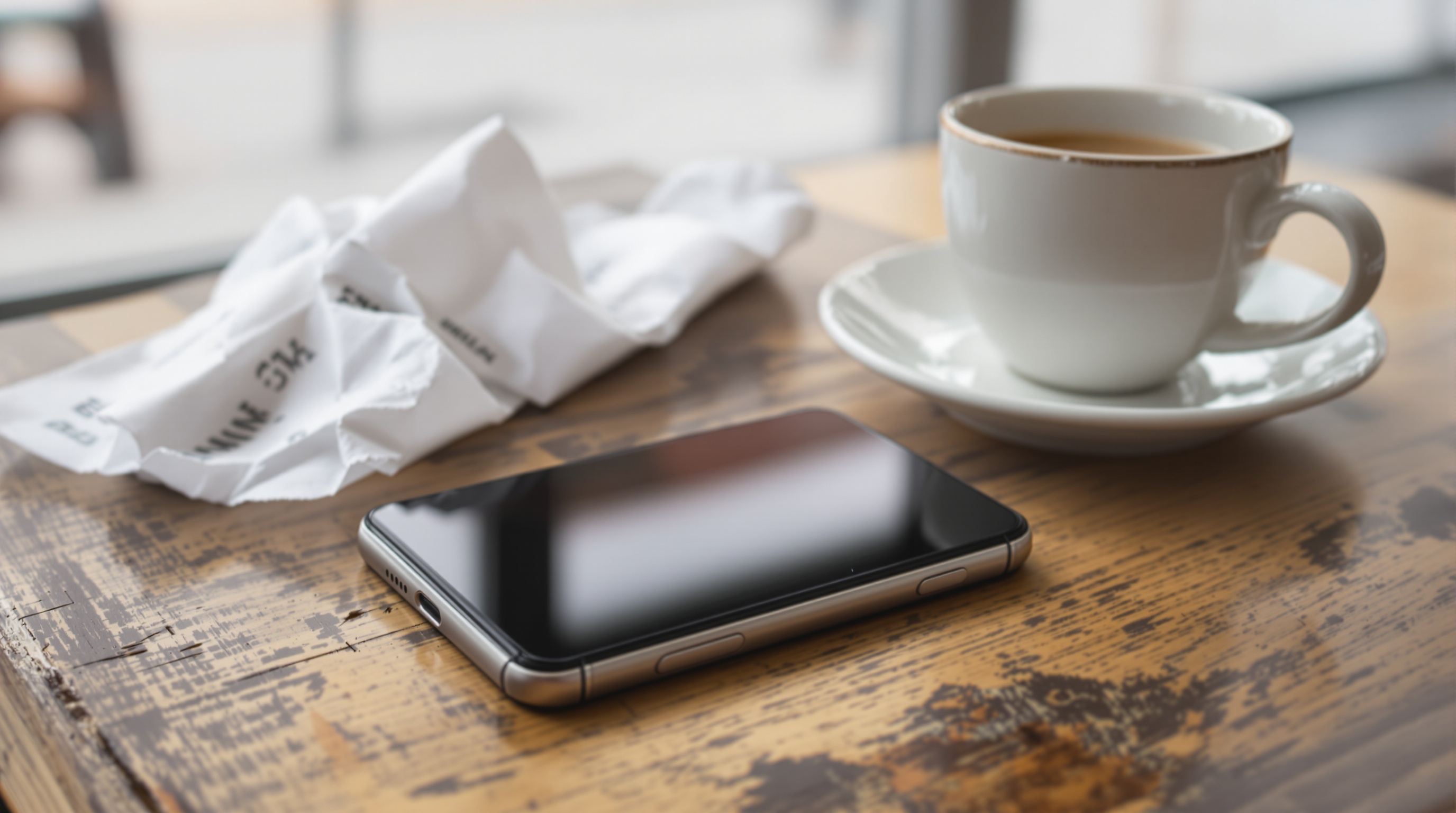 Close-up of a phone lying face-down on a wooden cafe table next to a coffee cup and paper receipt