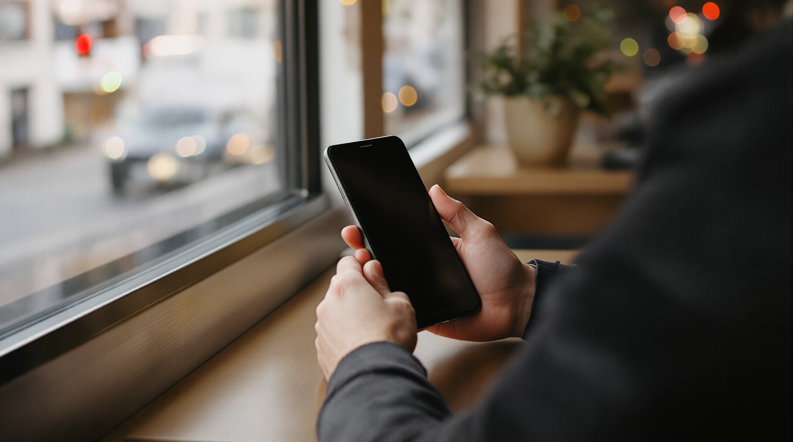 A person reviewing photos on a smartphone screen in soft natural light with a blurred park background