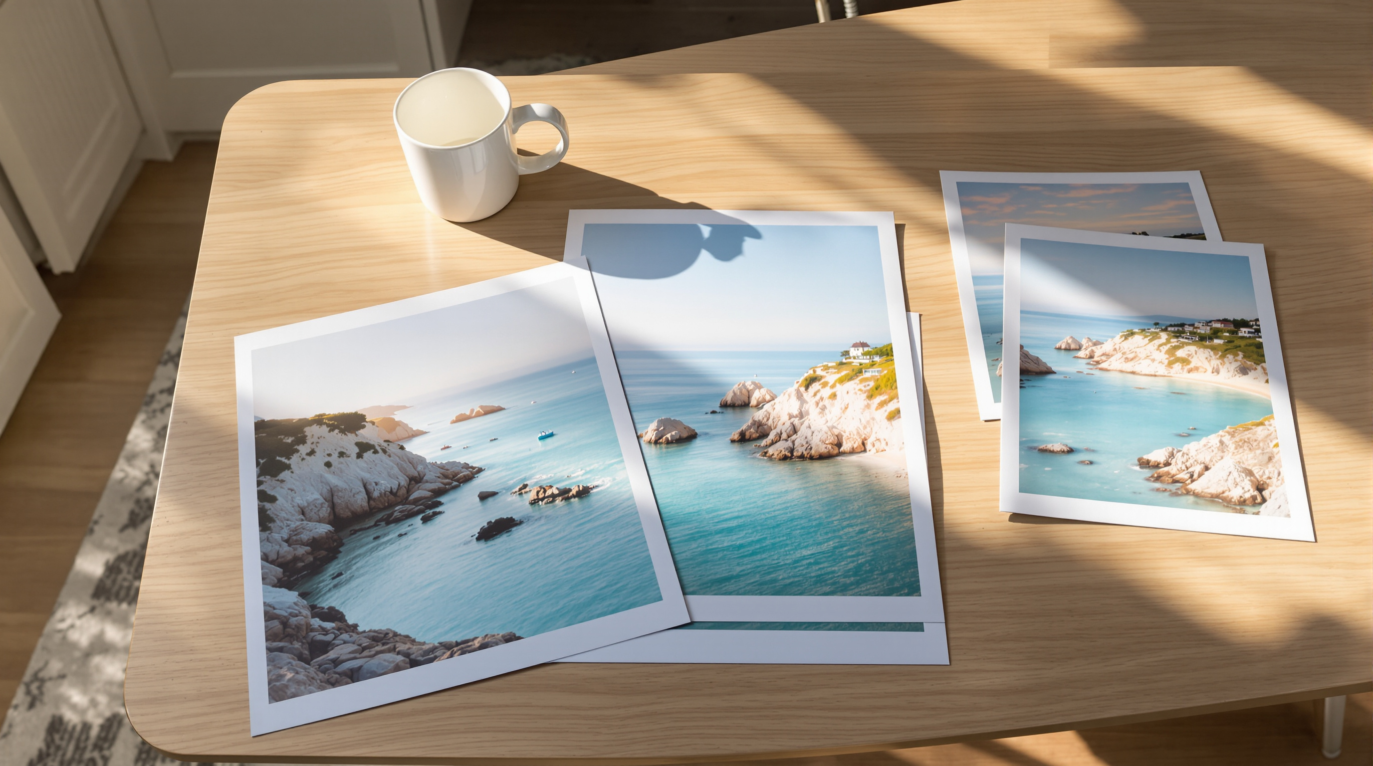 Prints of a sunlit seaside cove in different sizes laid on an oak table beside a white cup in afternoon sun