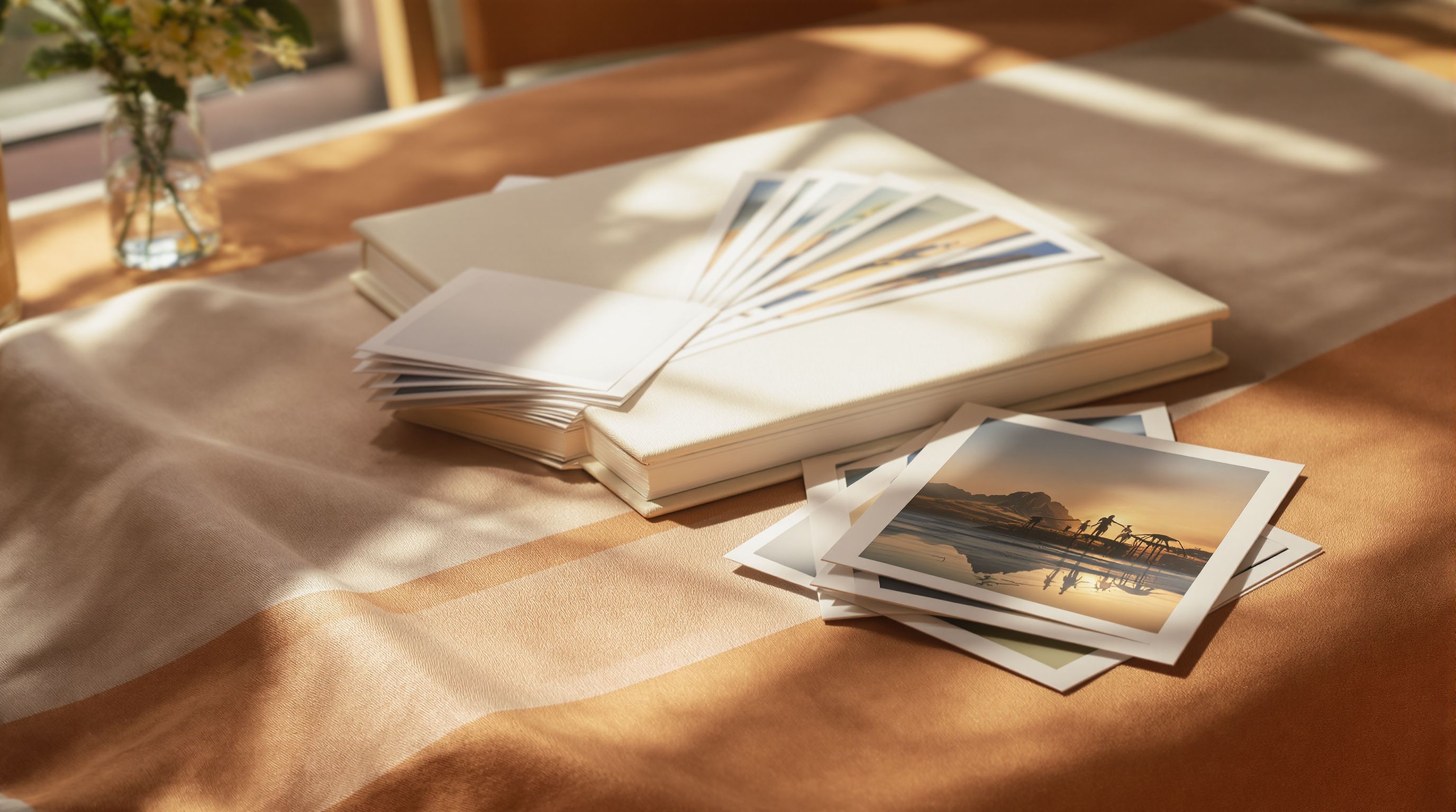 A closed cloth-bound photo album on a linen tablecloth with four photographic prints fanned out beside it