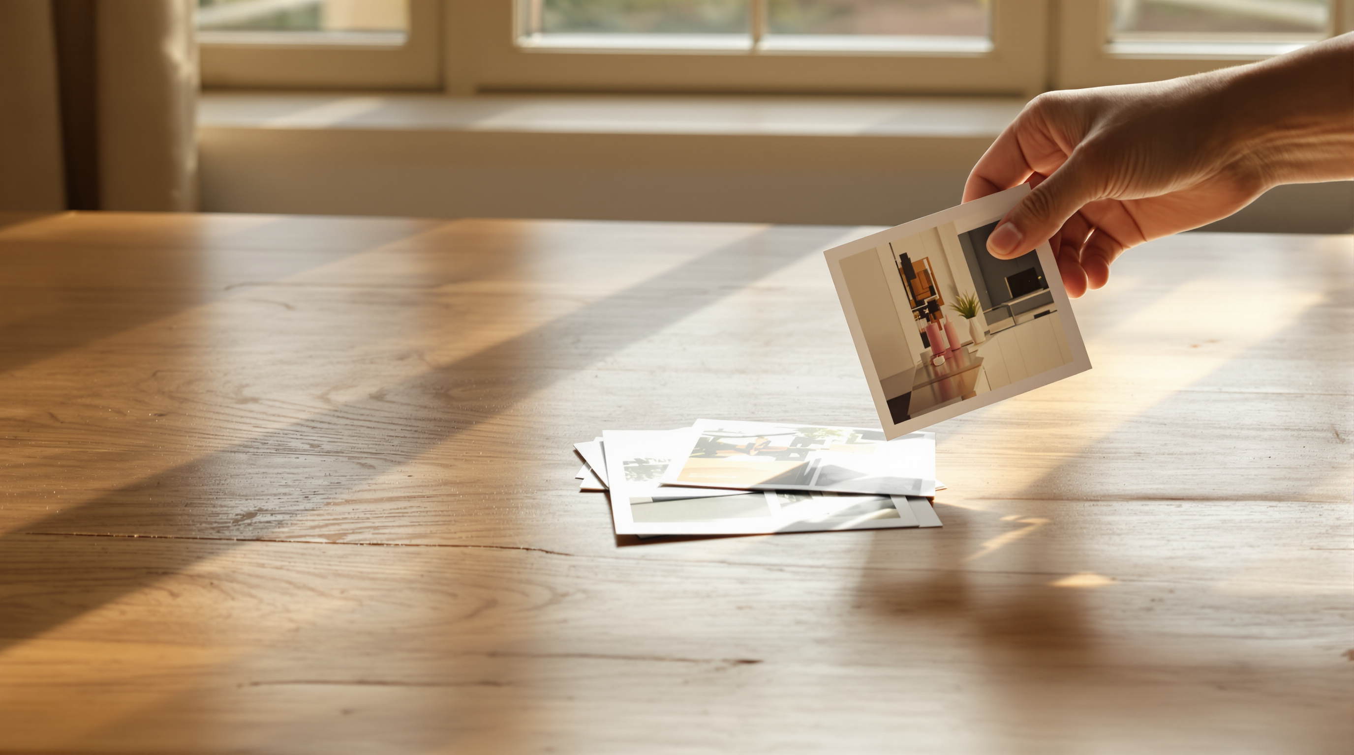 A hand lifting one photographic print clear of a small fan of prints on a sunlit oak table