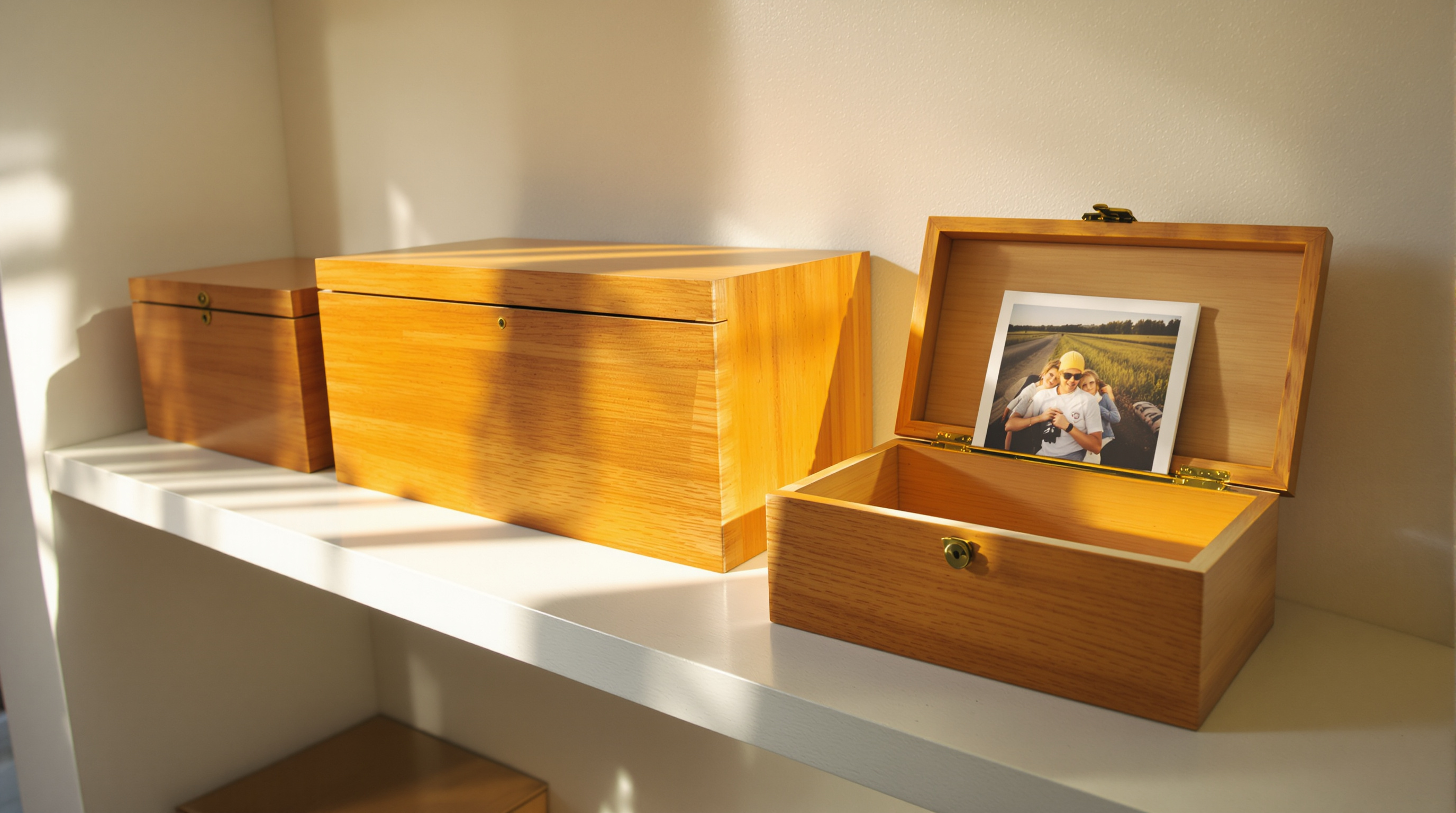 Four wooden keepsake boxes along a sunlit shelf, the smallest one open with a single print standing inside
