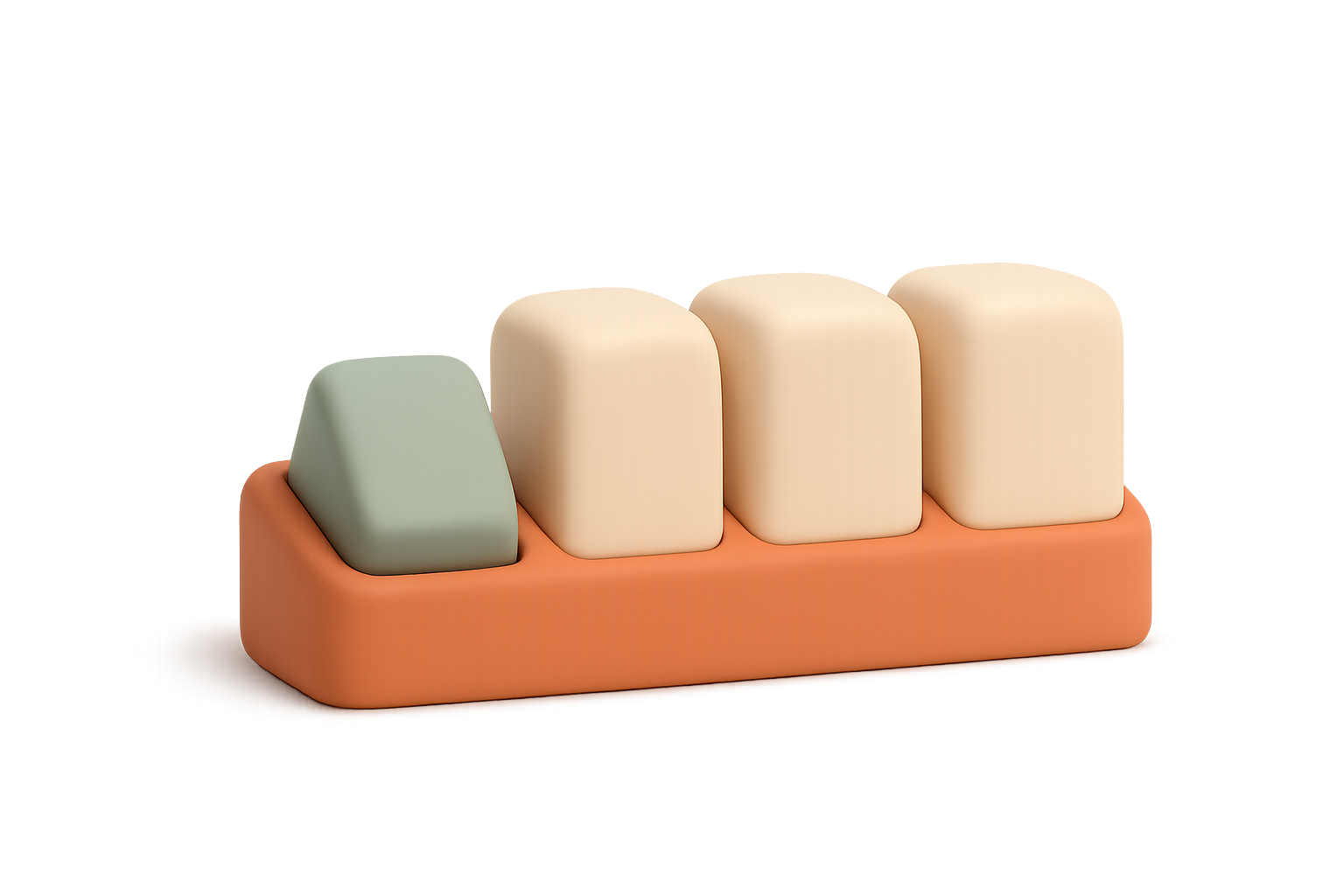 Four chunky matte blocks in a row on a terracotta base, the first pressed down and the other three standing