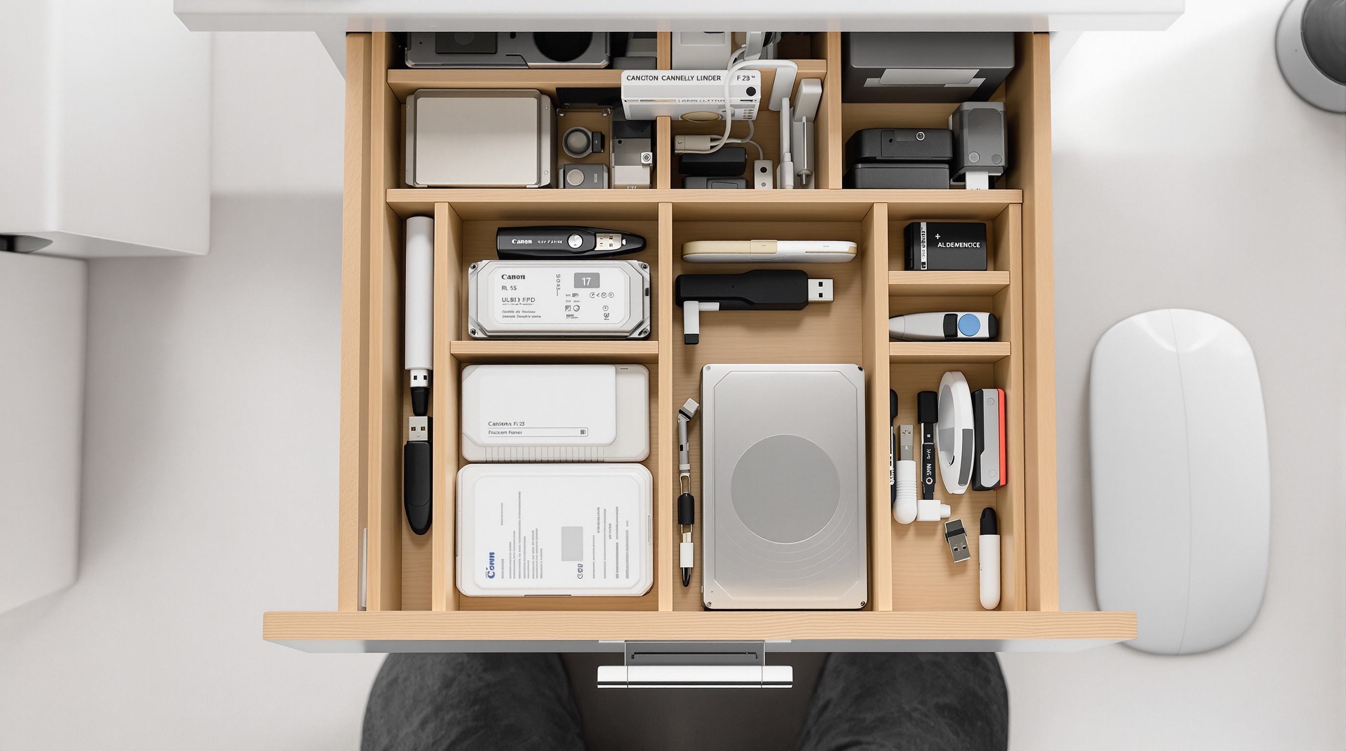 Neatly organized external drives and USB sticks in a wooden drawer divider, top-down shot