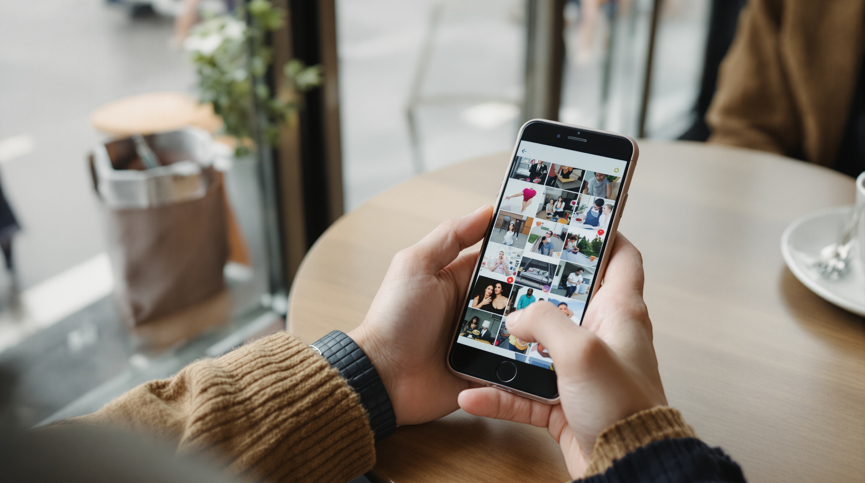 Person holding a phone reviewing photo gallery while sitting at a cafe table, soft bokeh background
