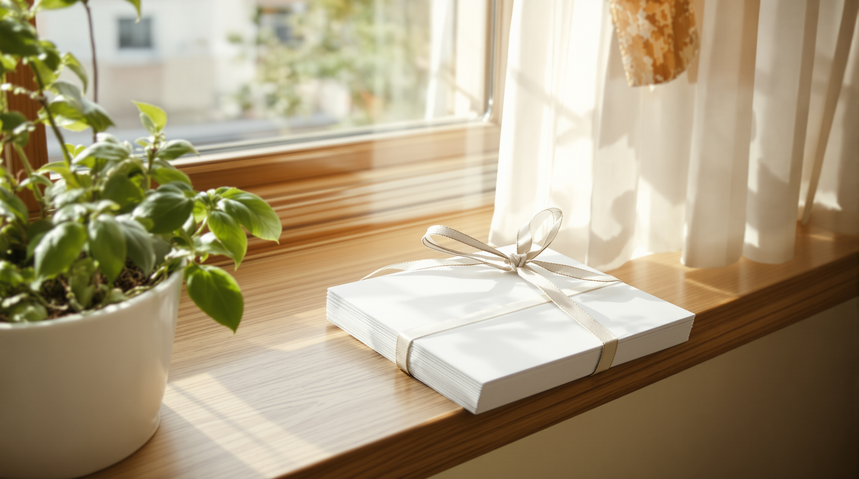 A stack of blank photo prints tied with a linen ribbon on a sunlit windowsill beside a potted basil plant