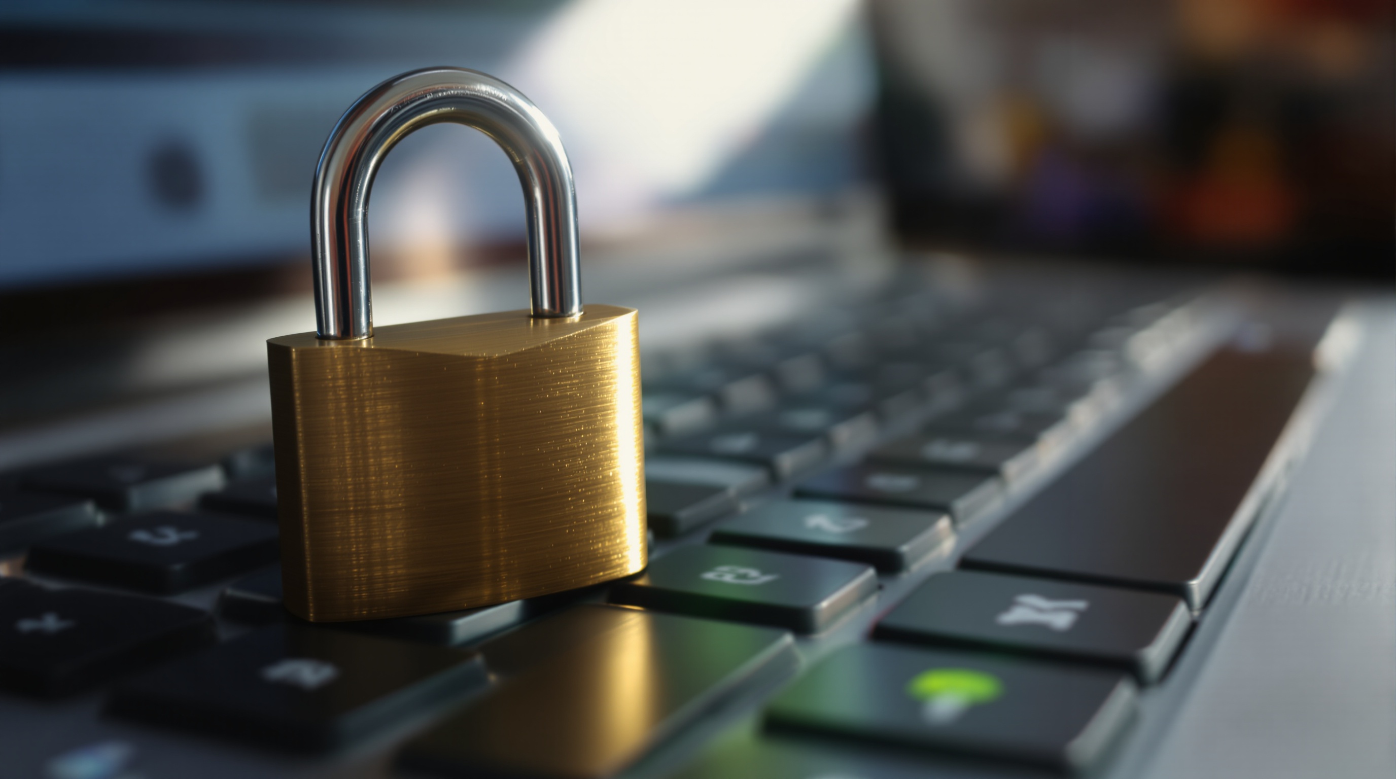 A padlock resting on a laptop keyboard with soft bokeh lights in the background, symbolizing digital privacy