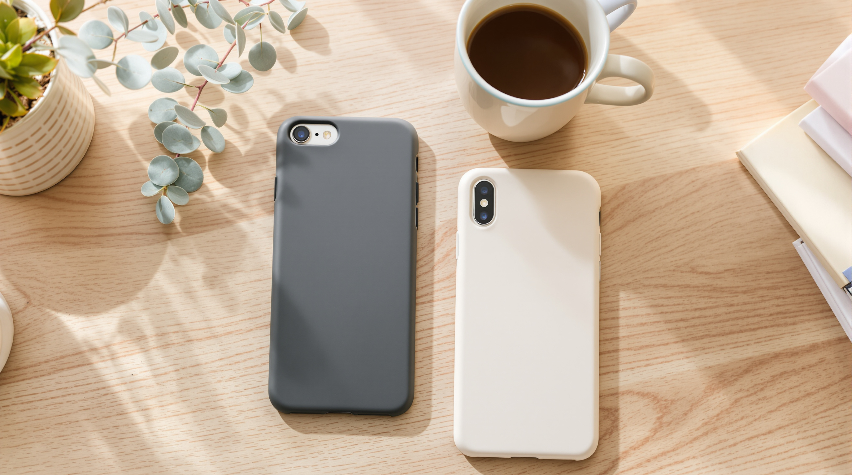 Two phones lying face-down on a sunlit oak desk, one in a charcoal case and one in off-white, beside a coffee cup and eucalyptus