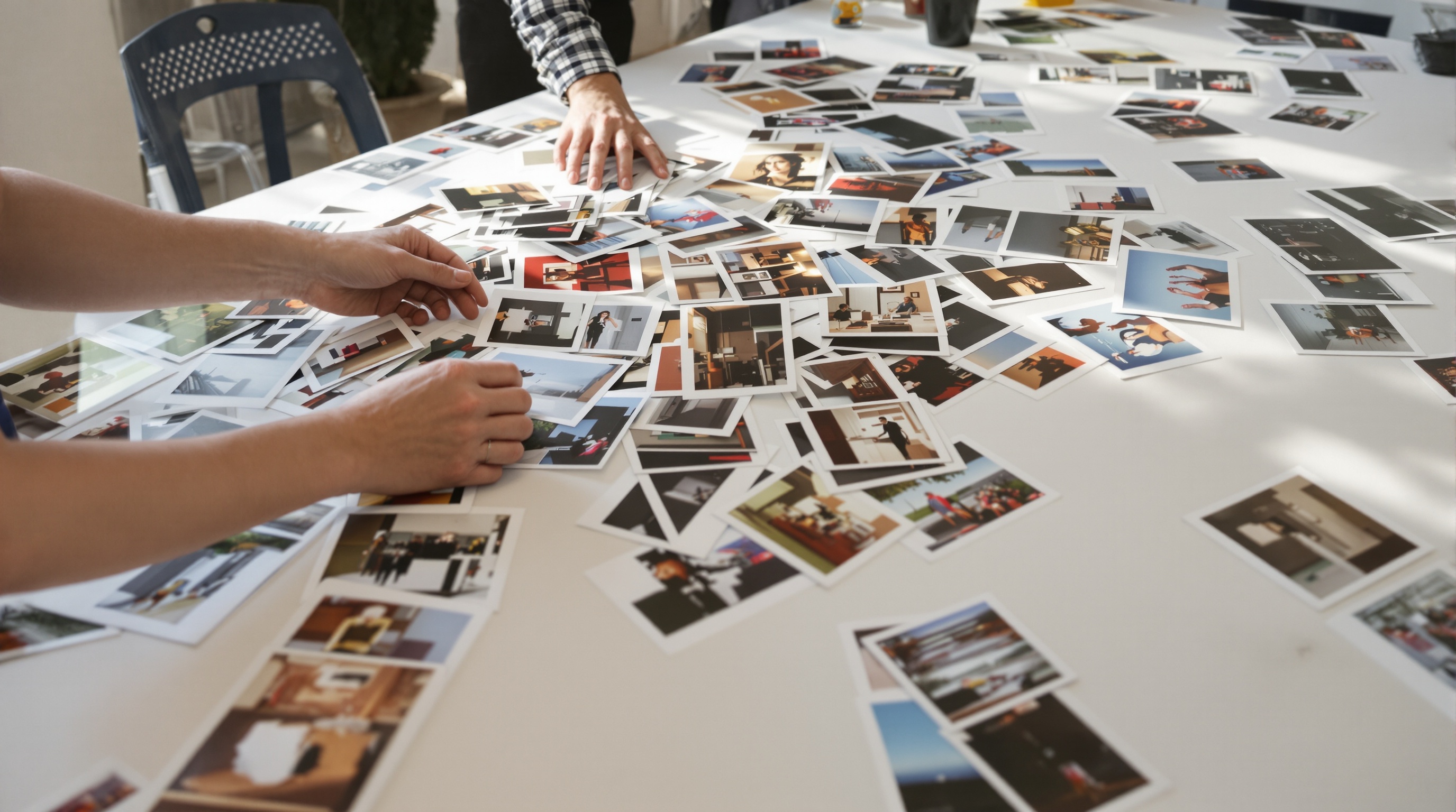 Hands organizing scattered printed photographs on a white table in natural window light