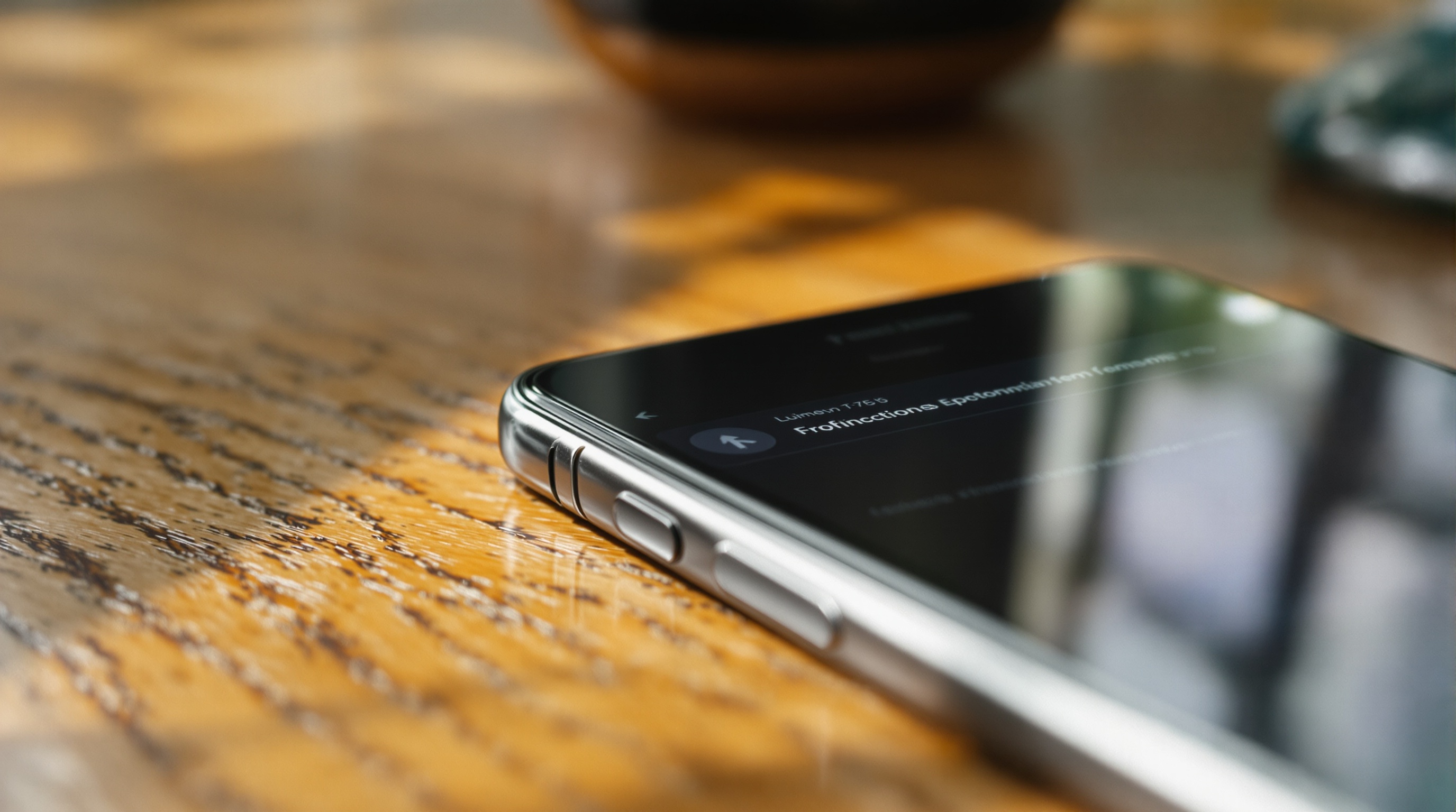 Close-up of a smartphone screen showing a photo gallery app, shot with a macro lens on a wooden desk with warm afternoon light
