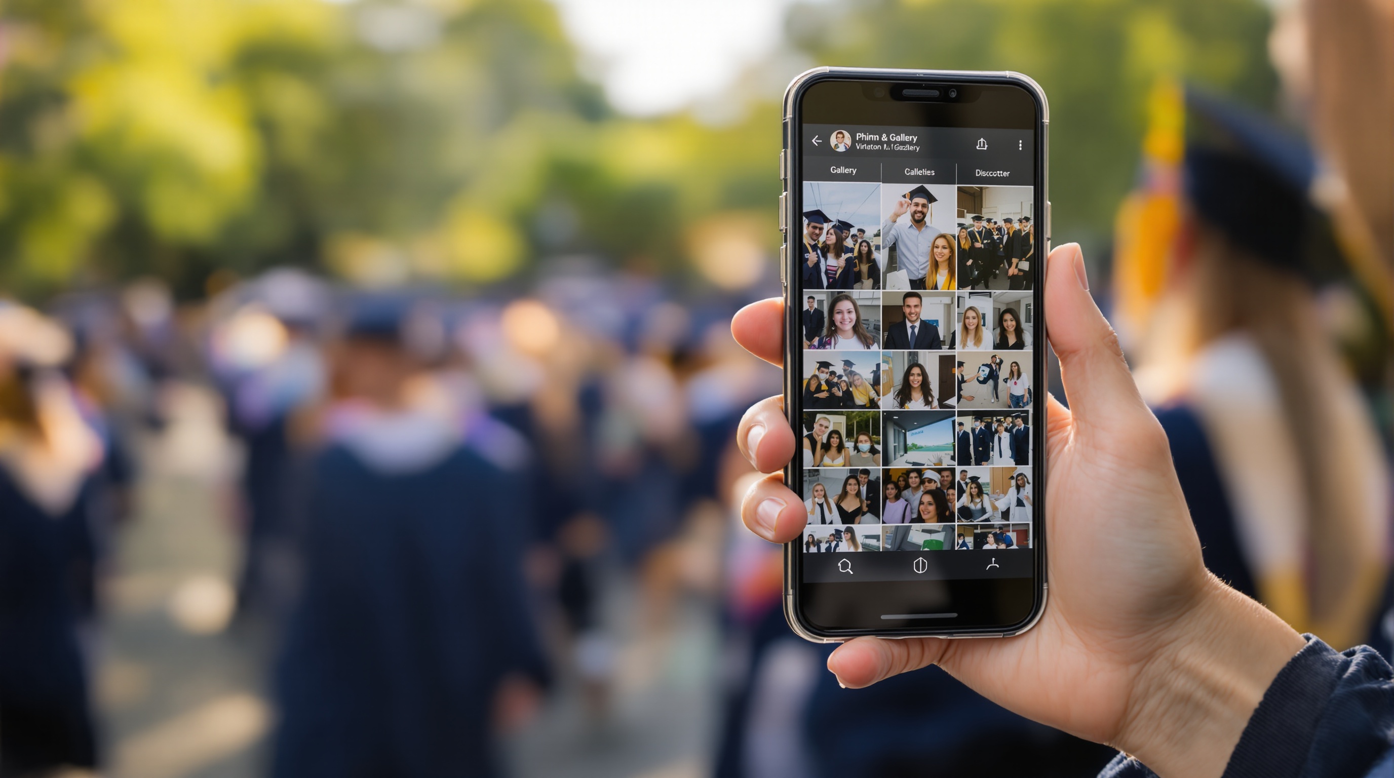 Hands holding a phone showing a photo gallery, with a graduation ceremony blurred in the background