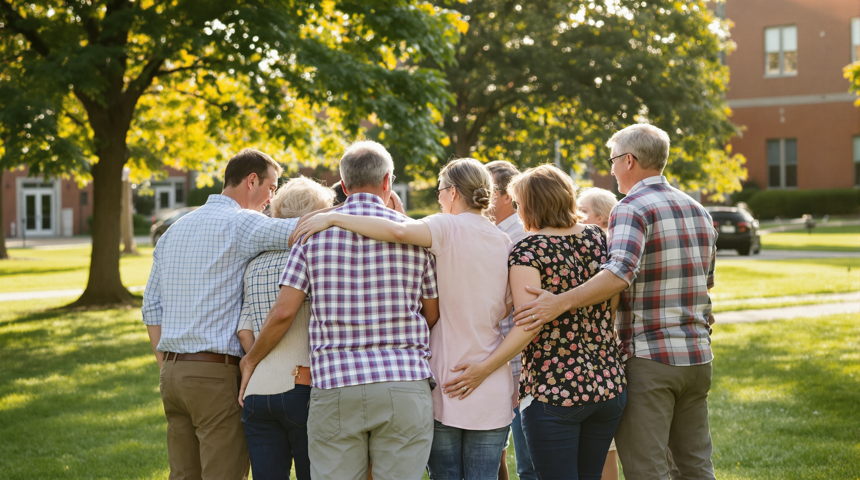 Family gathered around a graduate in cap and gown, posing together on a grassy campus lawn in late afternoon light