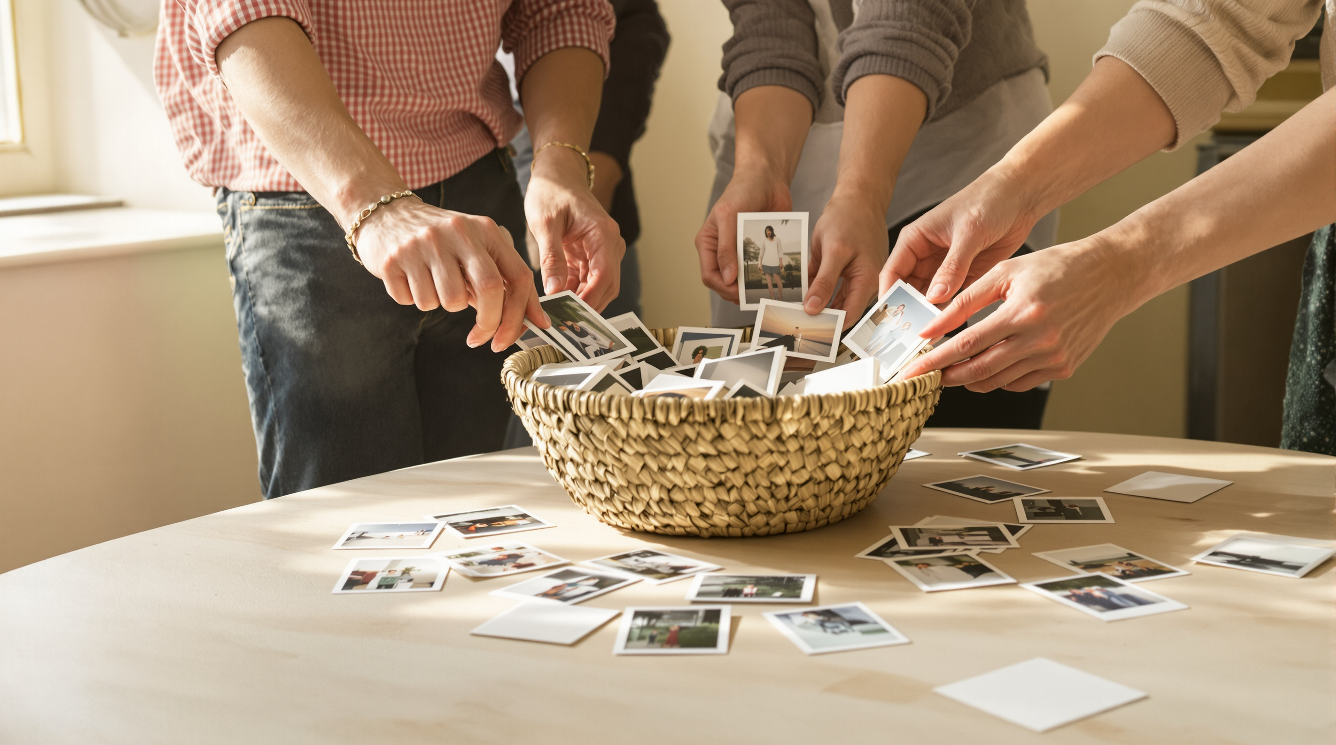Several pairs of hands placing small printed photographs into a shallow woven basket at the centre of a pale wooden table
