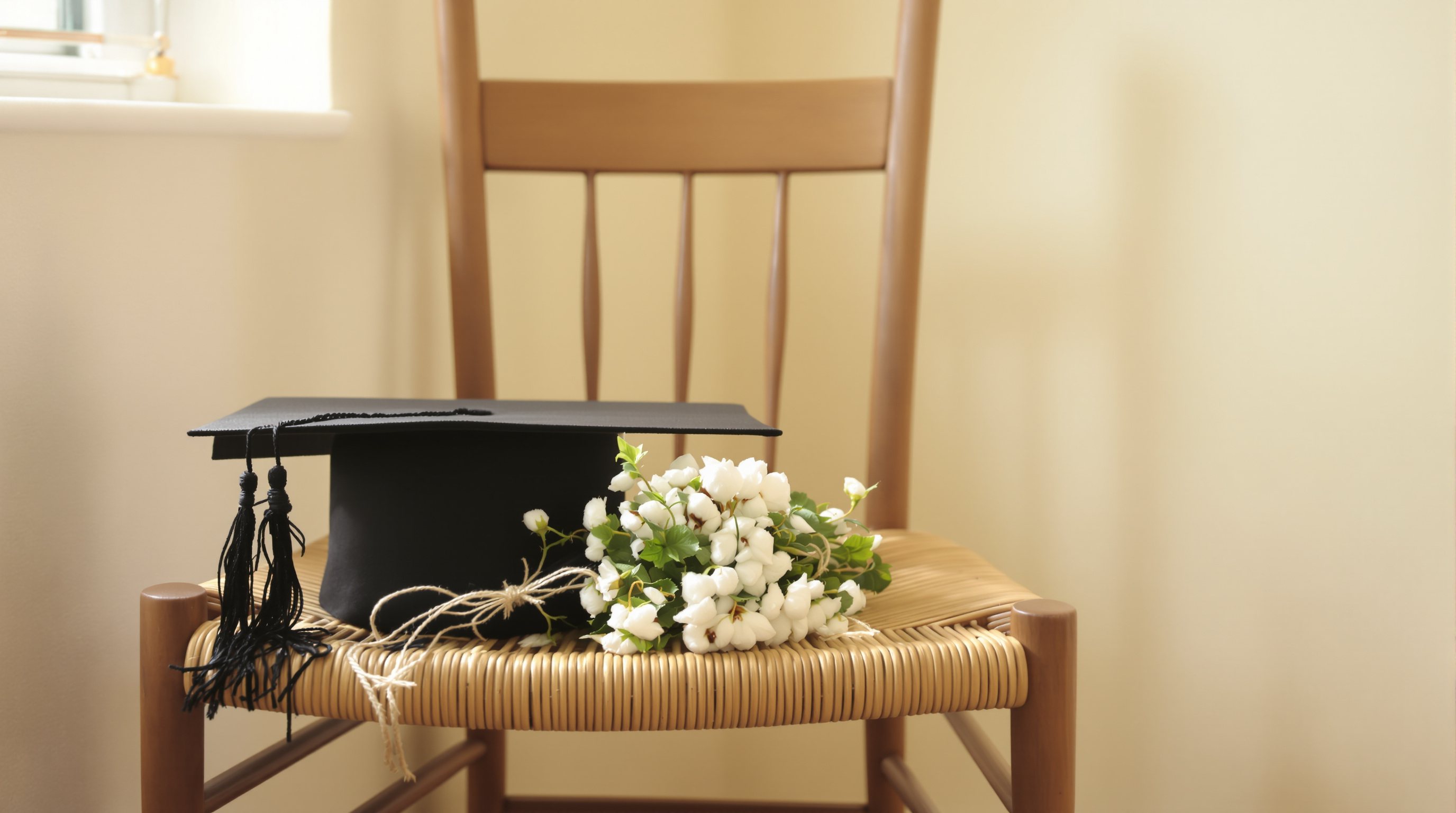 A graduation cap with its tassel resting on the seat of a wooden chair beside a small posy of white flowers