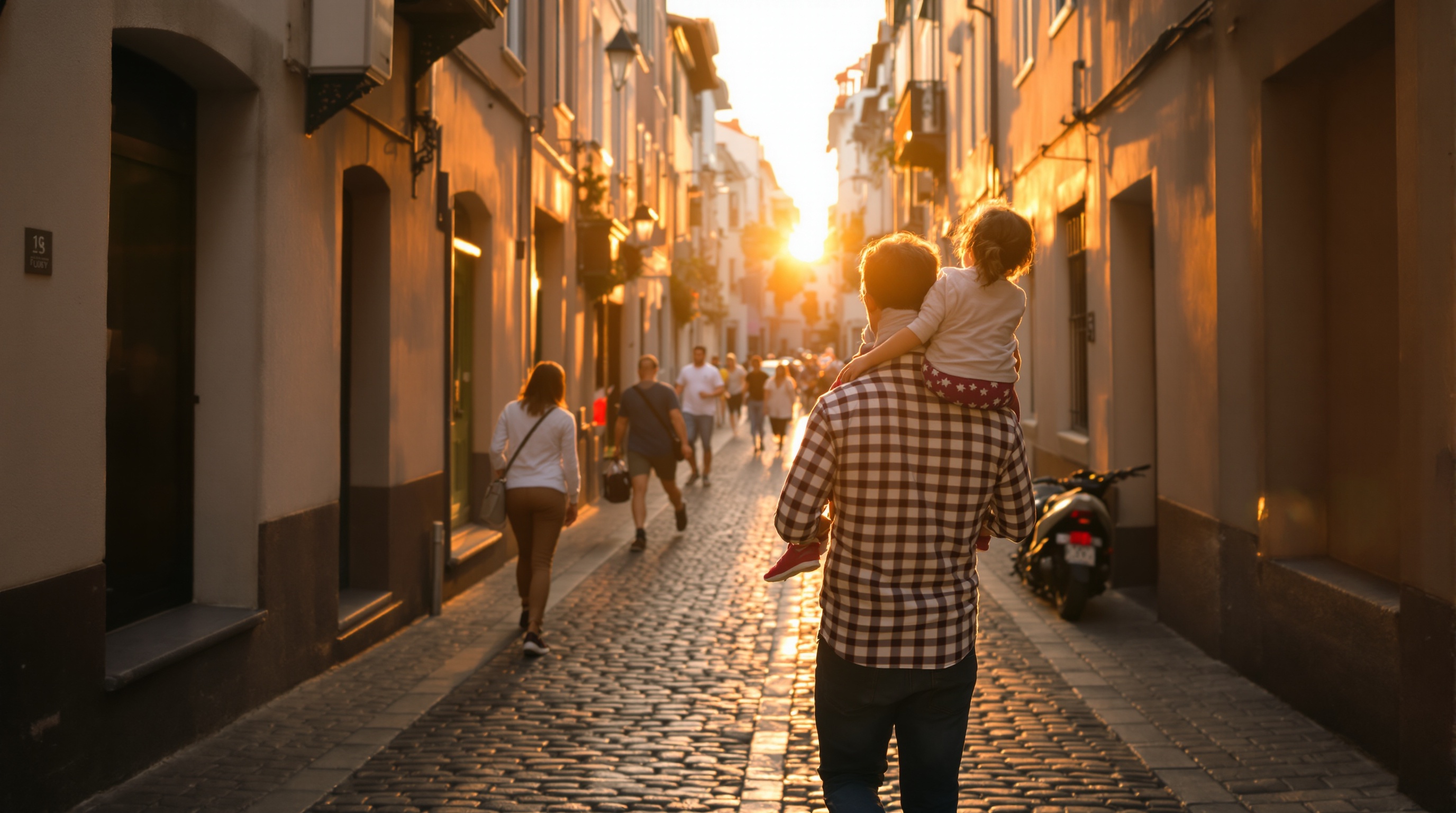A family walking together through a narrow European cobblestone street at golden hour, seen from behind