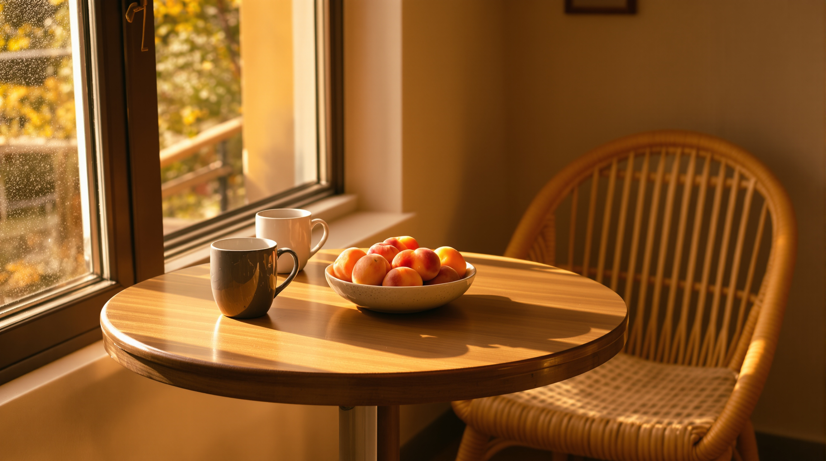 A round wooden table beside a sunlit window with two mugs and a bowl of apricots in late golden light