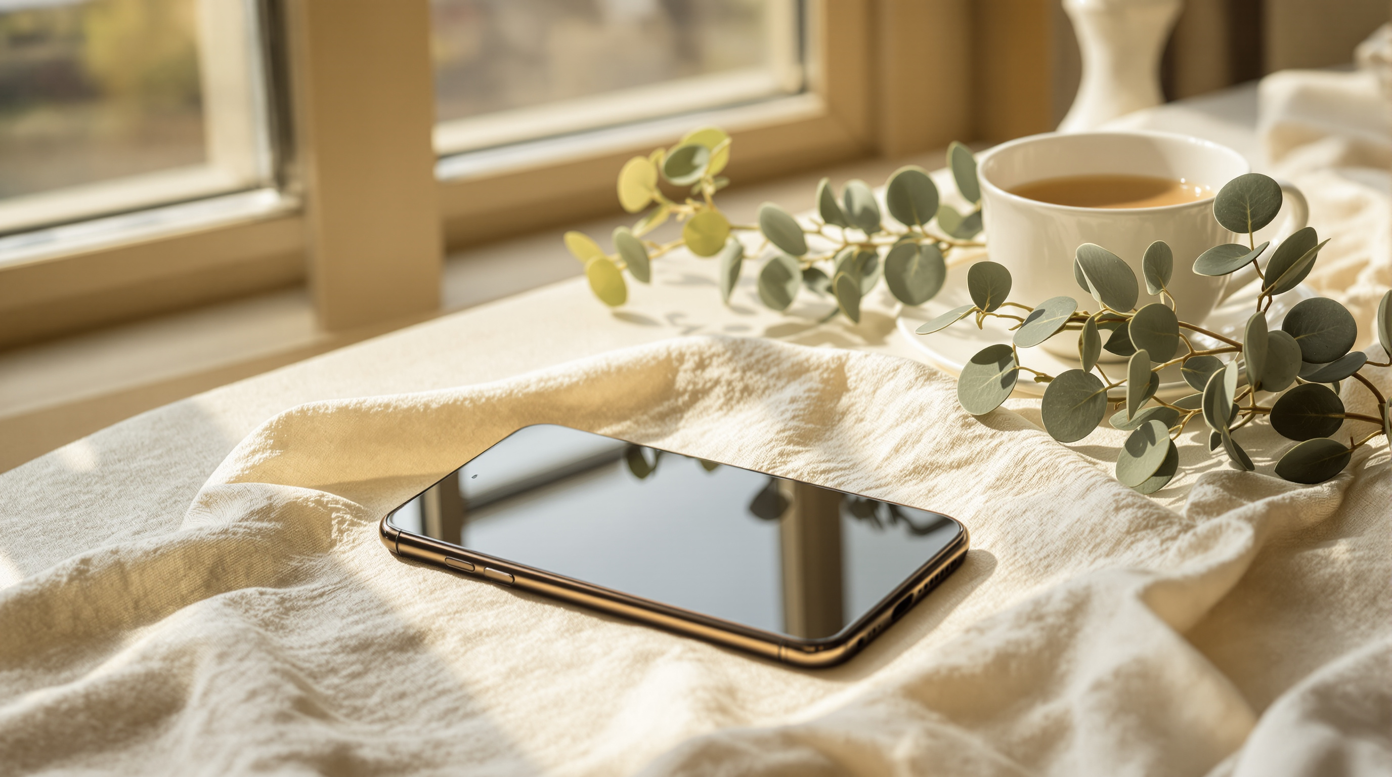 A phone resting on pale linen beside a cup of tea and a sprig of eucalyptus in warm morning window light