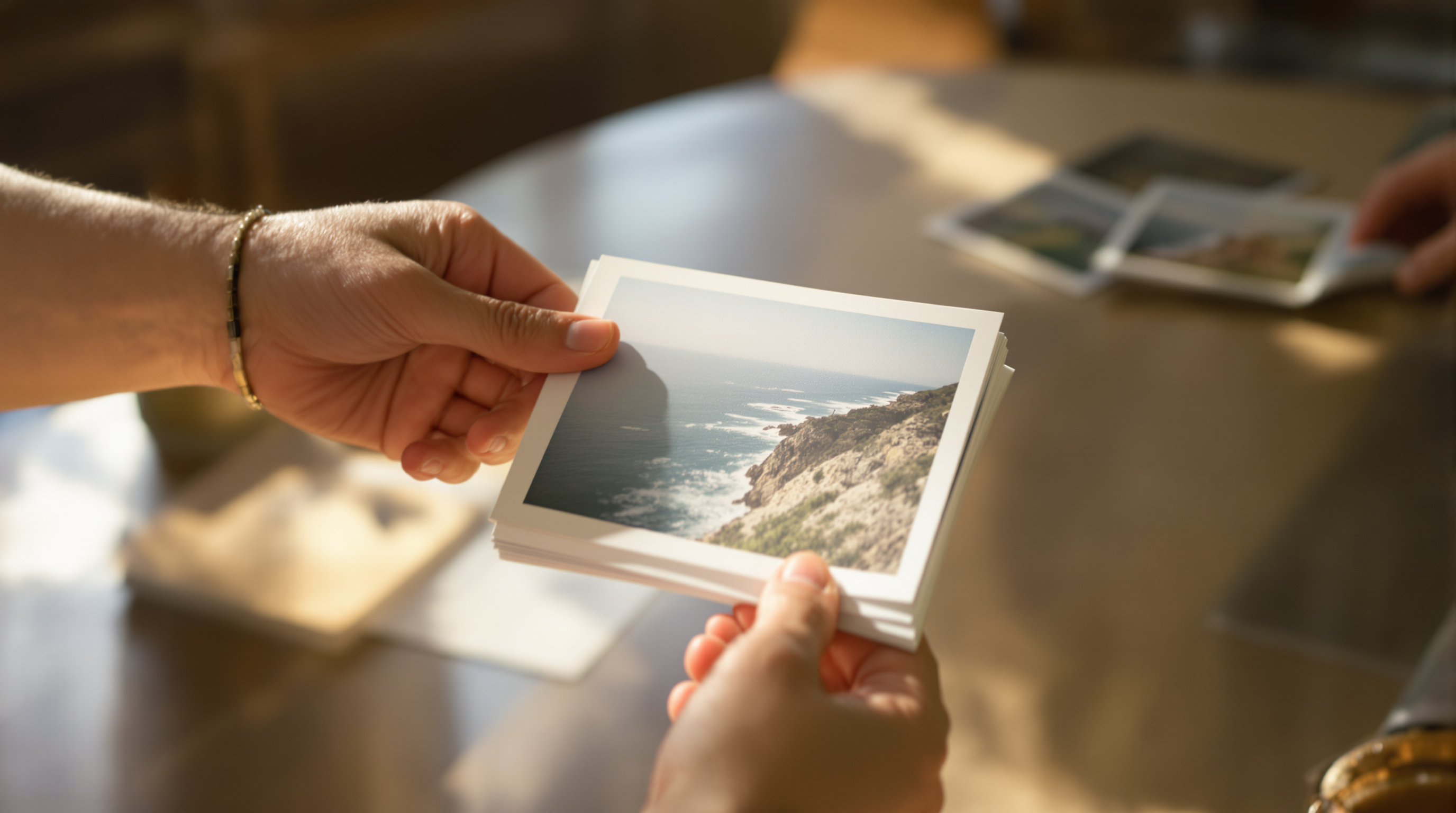 One hand passing a small stack of printed coastal photographs across a sunlit table to a second waiting hand