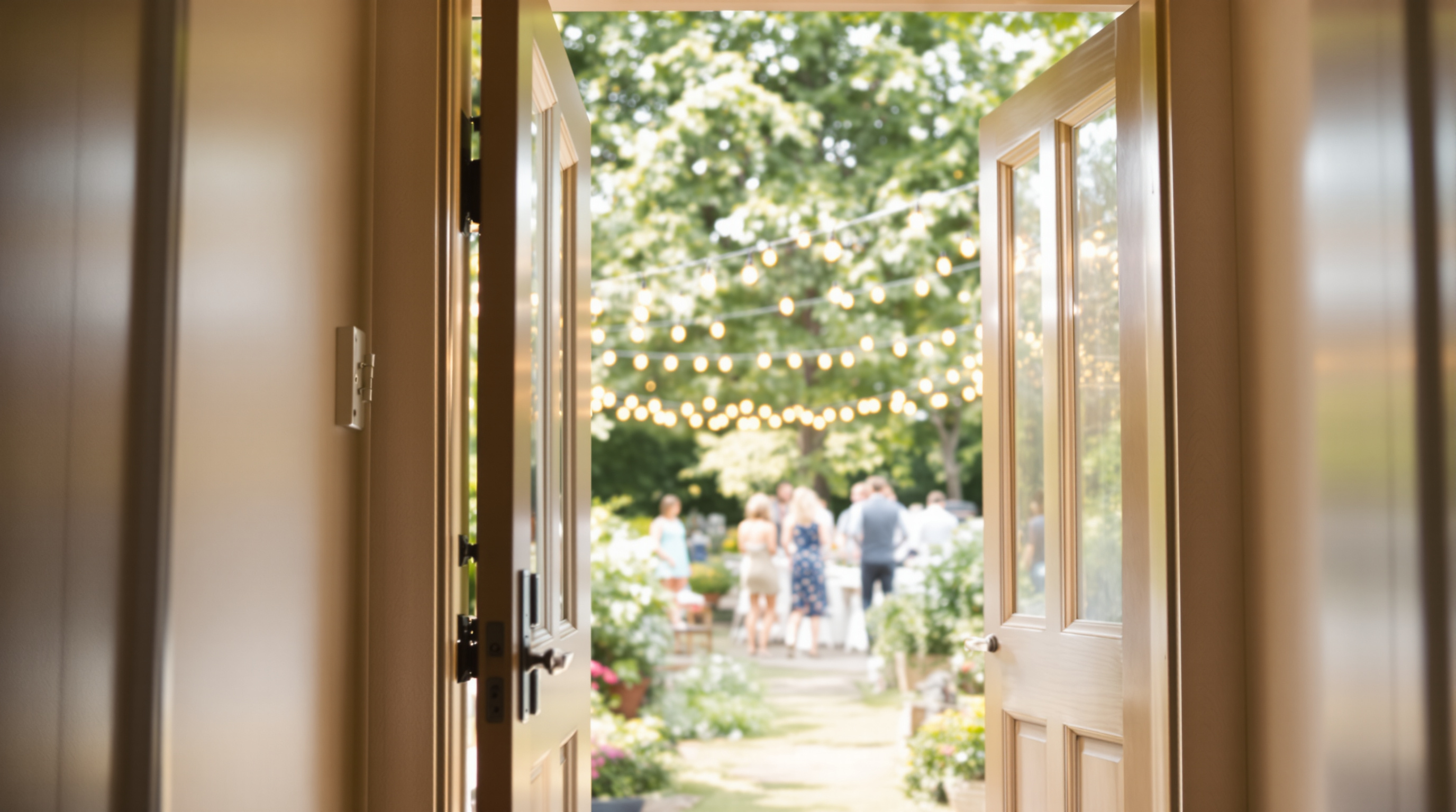 View through an open front door onto a sunny garden party with string lights and guests at a distance