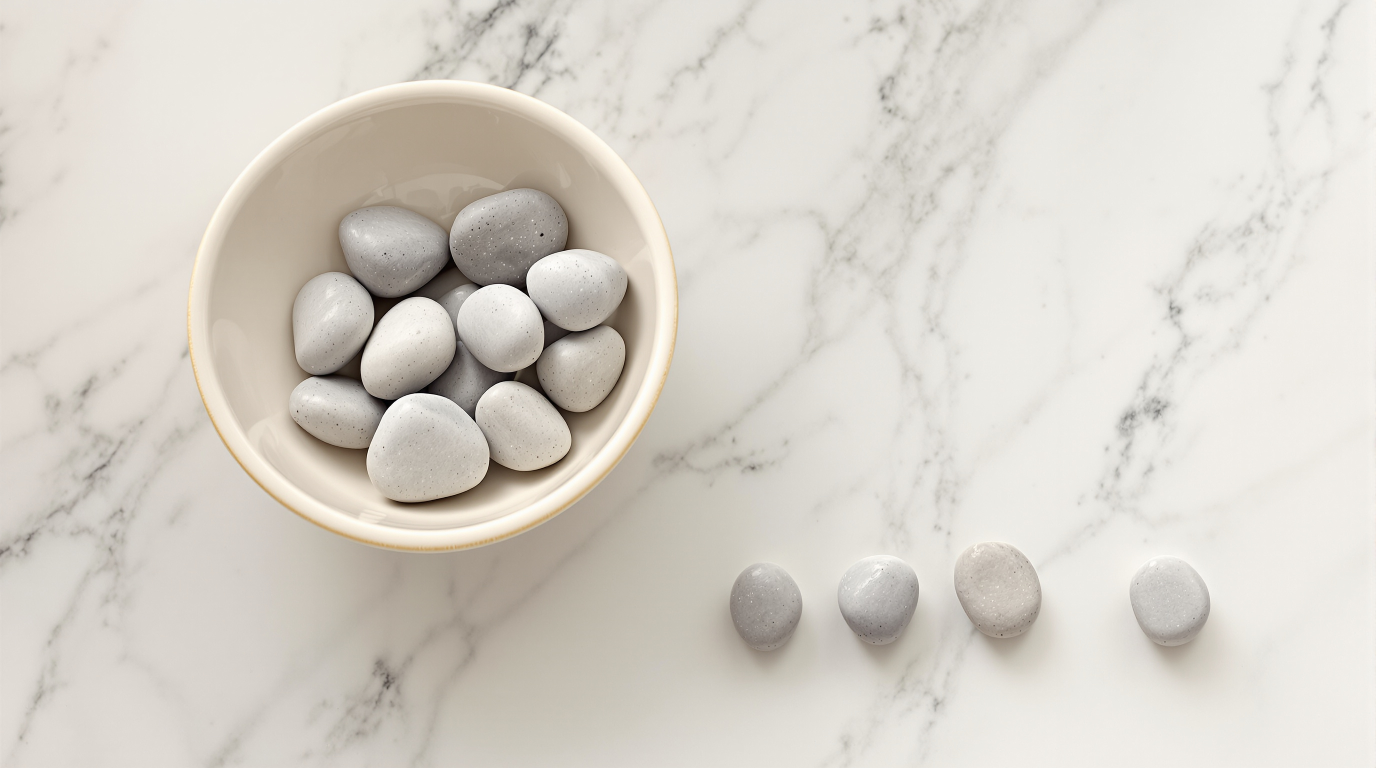 A cream ceramic bowl of smooth grey pebbles on a marble counter, with four more pebbles laid out in a row beside it
