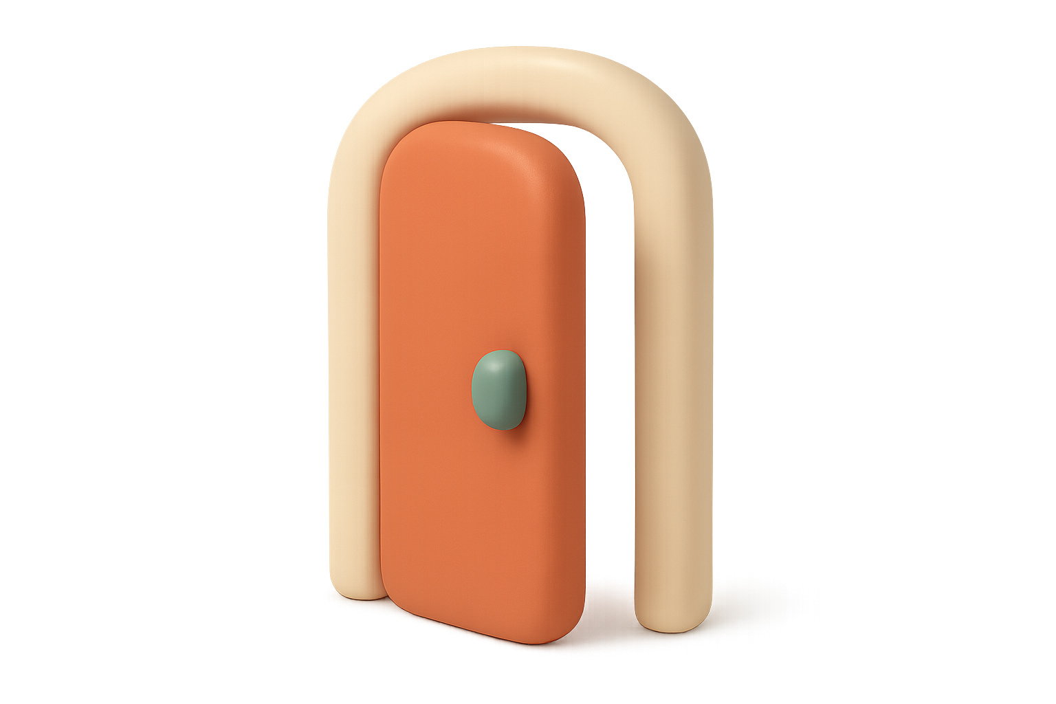 A chunky matte illustration of a terracotta door standing slightly ajar in a cream rounded frame