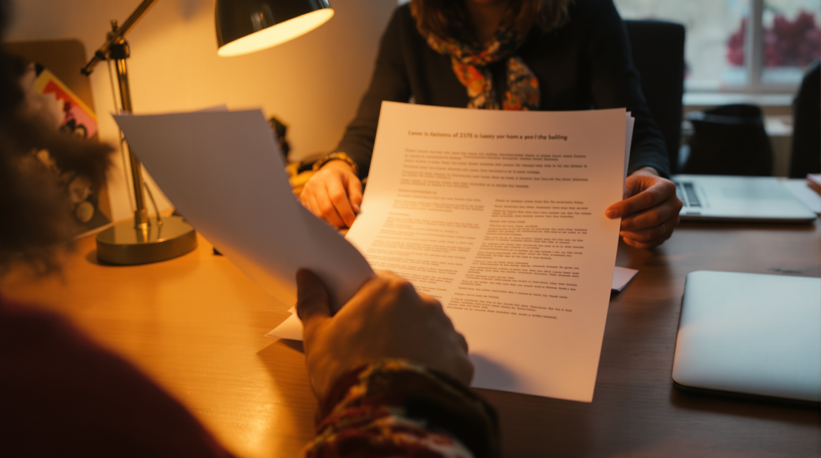 A person reviewing documents in a home office, warm desk lamp lighting, papers and a closed laptop visible, shot from over the shoulder