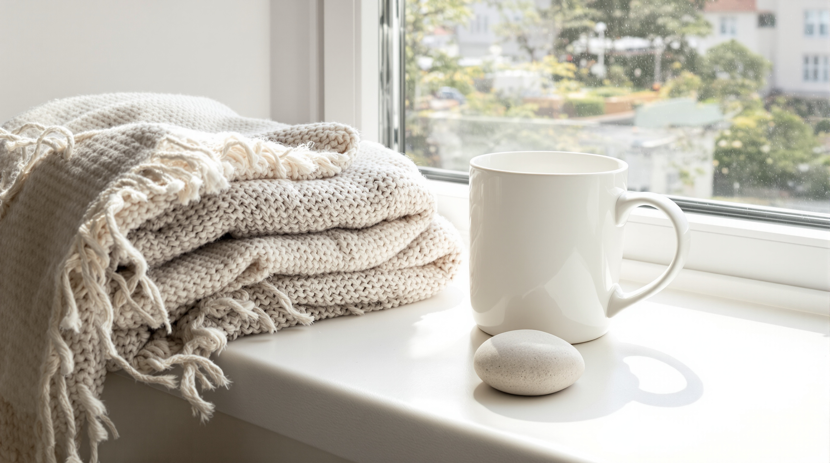 A folded wool blanket, a white mug and a river stone on a sunlit windowsill