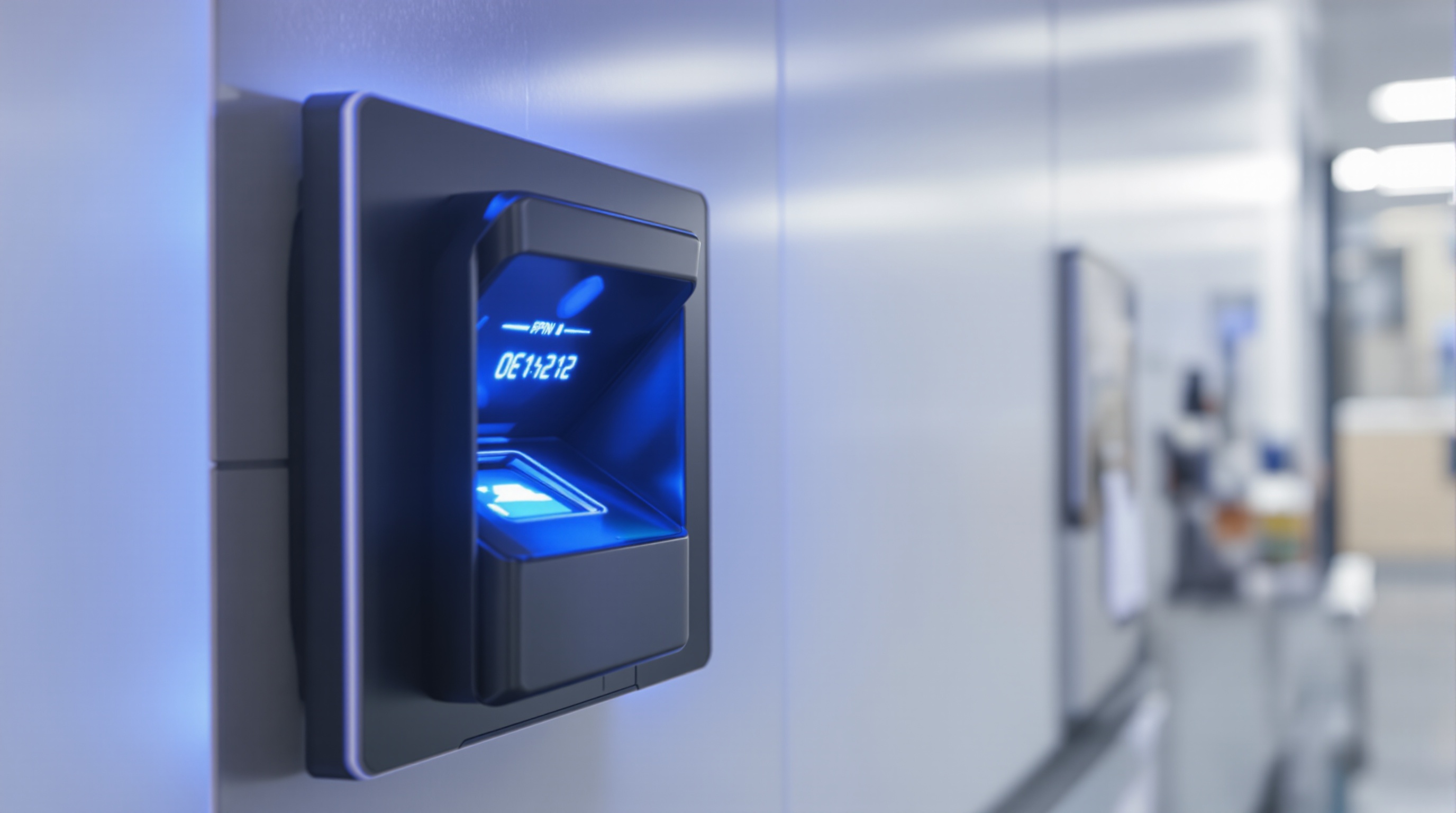 Close-up of a fingerprint scanner next to a hospital check-in terminal, cool blue ambient light, shot on a 50mm lens