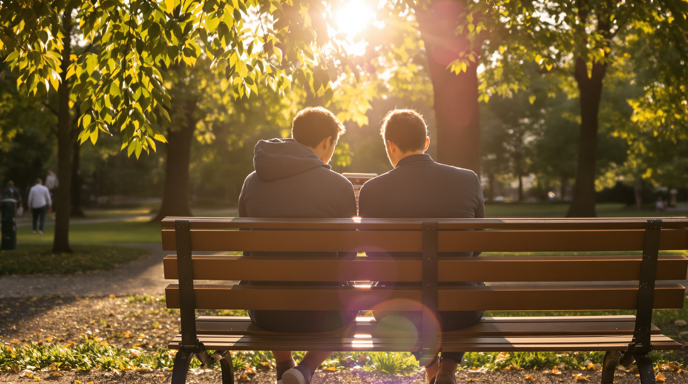 Two people sitting on a park bench looking at a tablet together, backs to the camera, golden hour lighting through trees